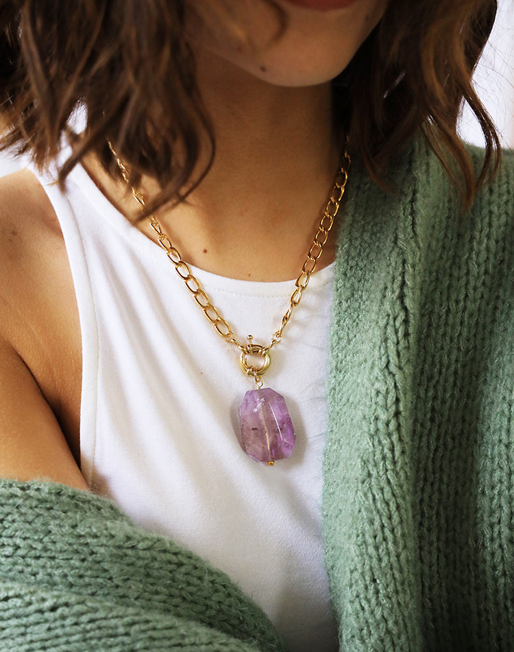 Atlas- Amethyst Crystal & Gold Curb Chain Necklace
