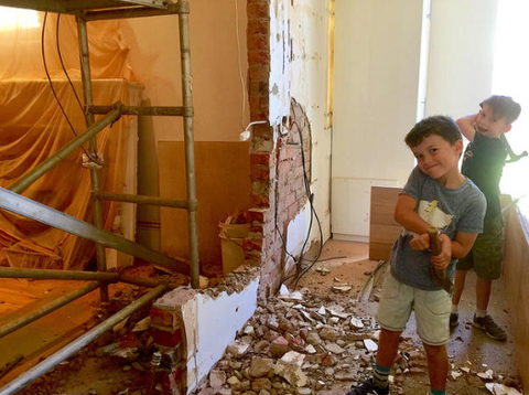 Boys helping during demolition phase. No children or animals were harmed in the removal of this wall 🤣