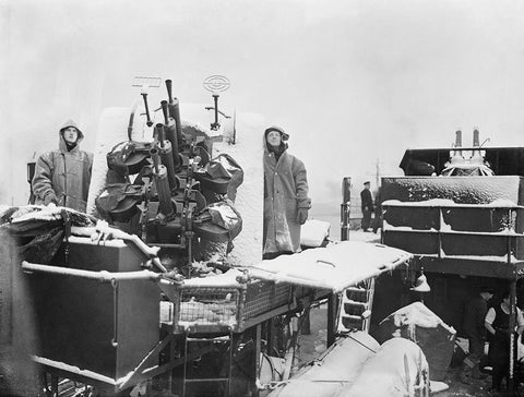 Royal Navy sailors at their post during WWii wearing duffle coats