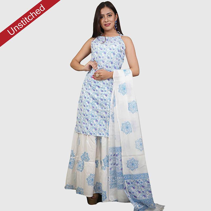 white salwar suit with blue dupatta