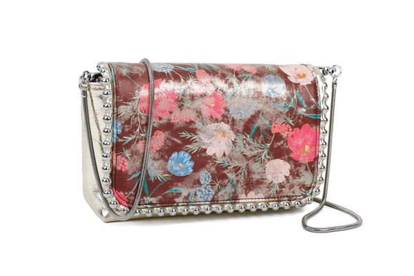 SILVER POLISHED CROSSBODY BAG WITH FLOWERY FLAP AND METALLIC DECORATIONS - VIAVOLTURNO