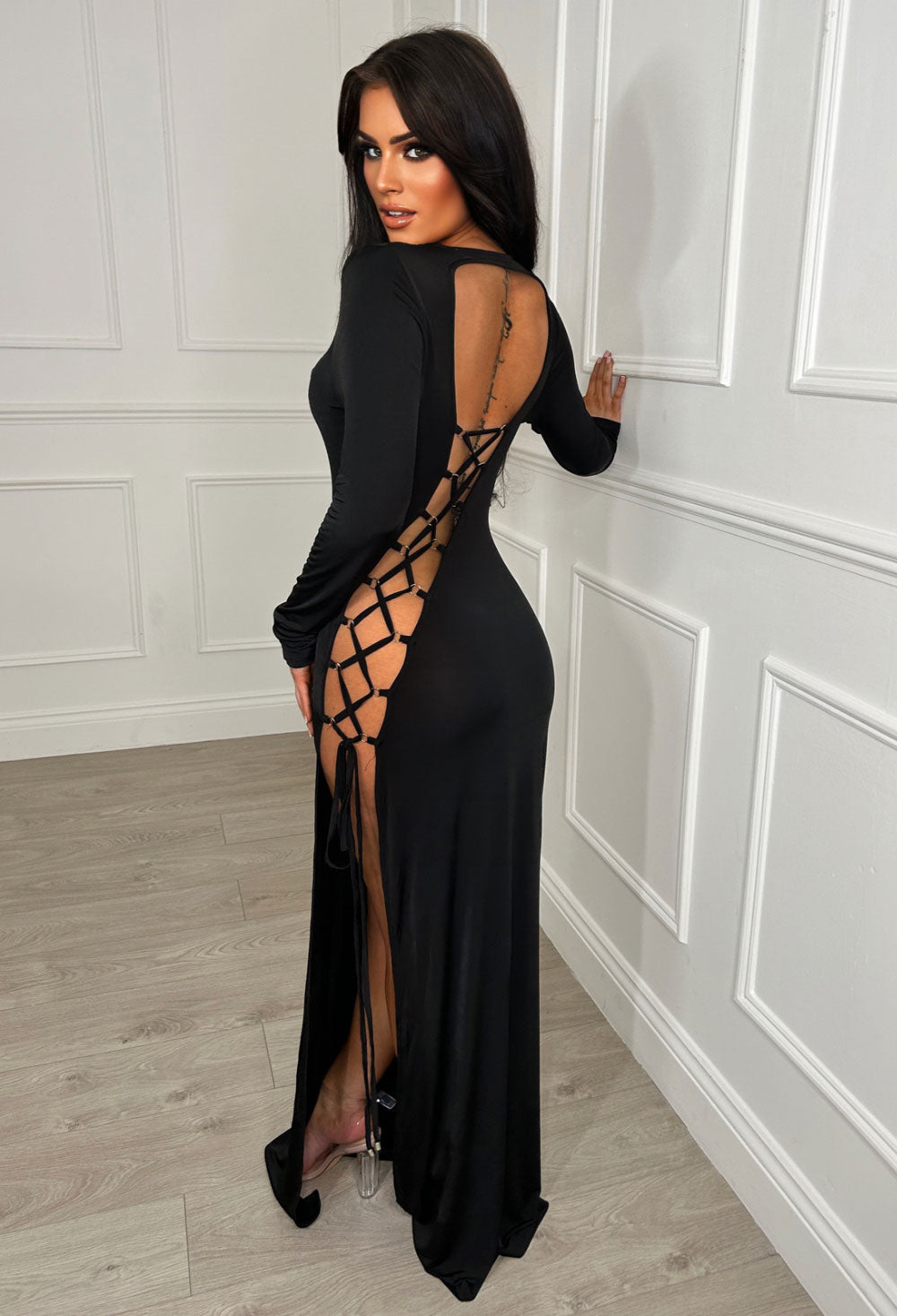 Always Flirting Black Long Sleeve Cut Out Lace Up Maxi Dress