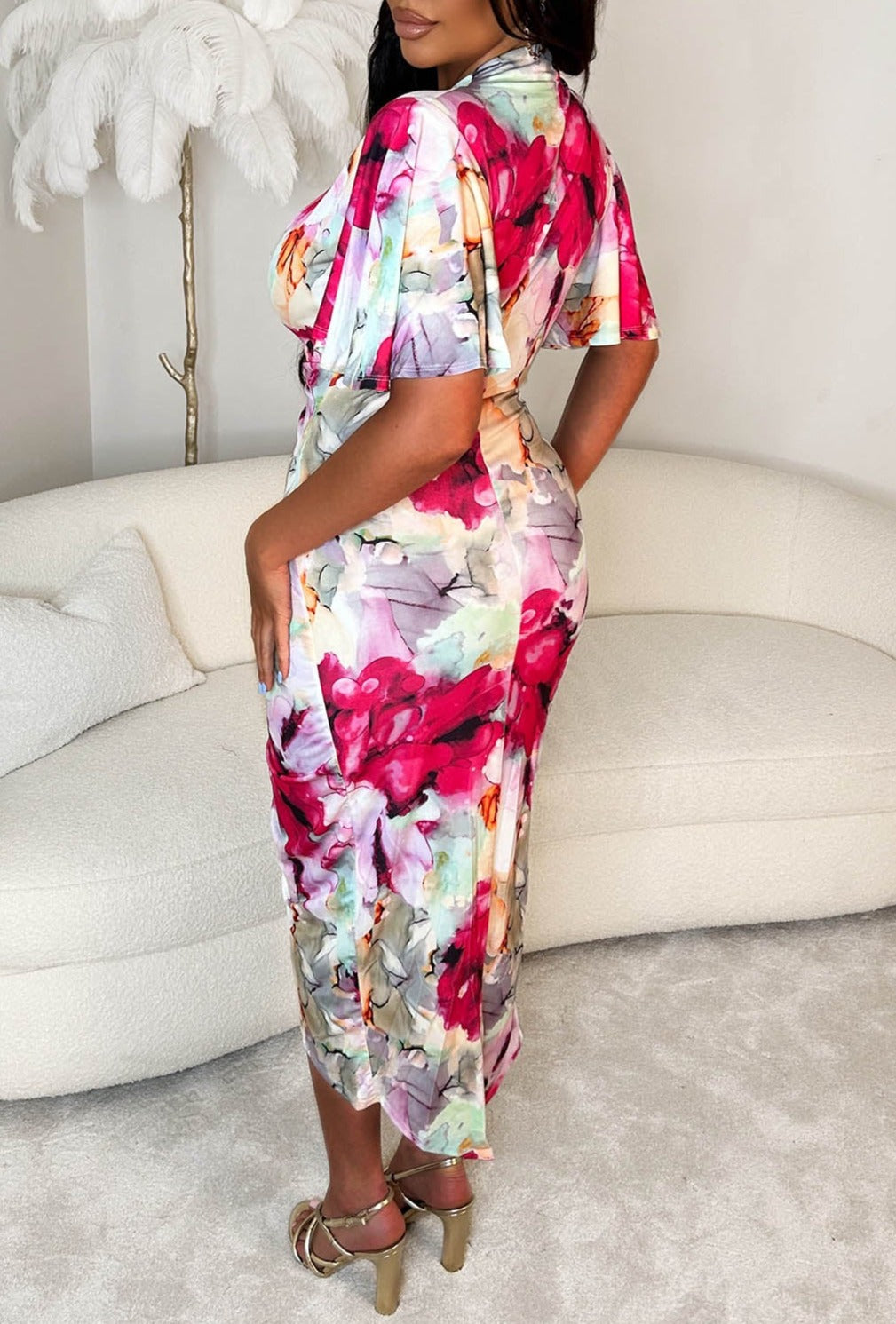 Favourite Floral Multi Printed Super Soft Slinky Wrap Front Midi Dress