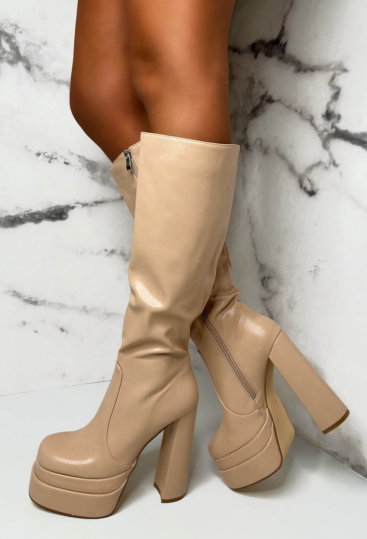 Love Connection Nude Super High Platform Knee Boots Limited Edition