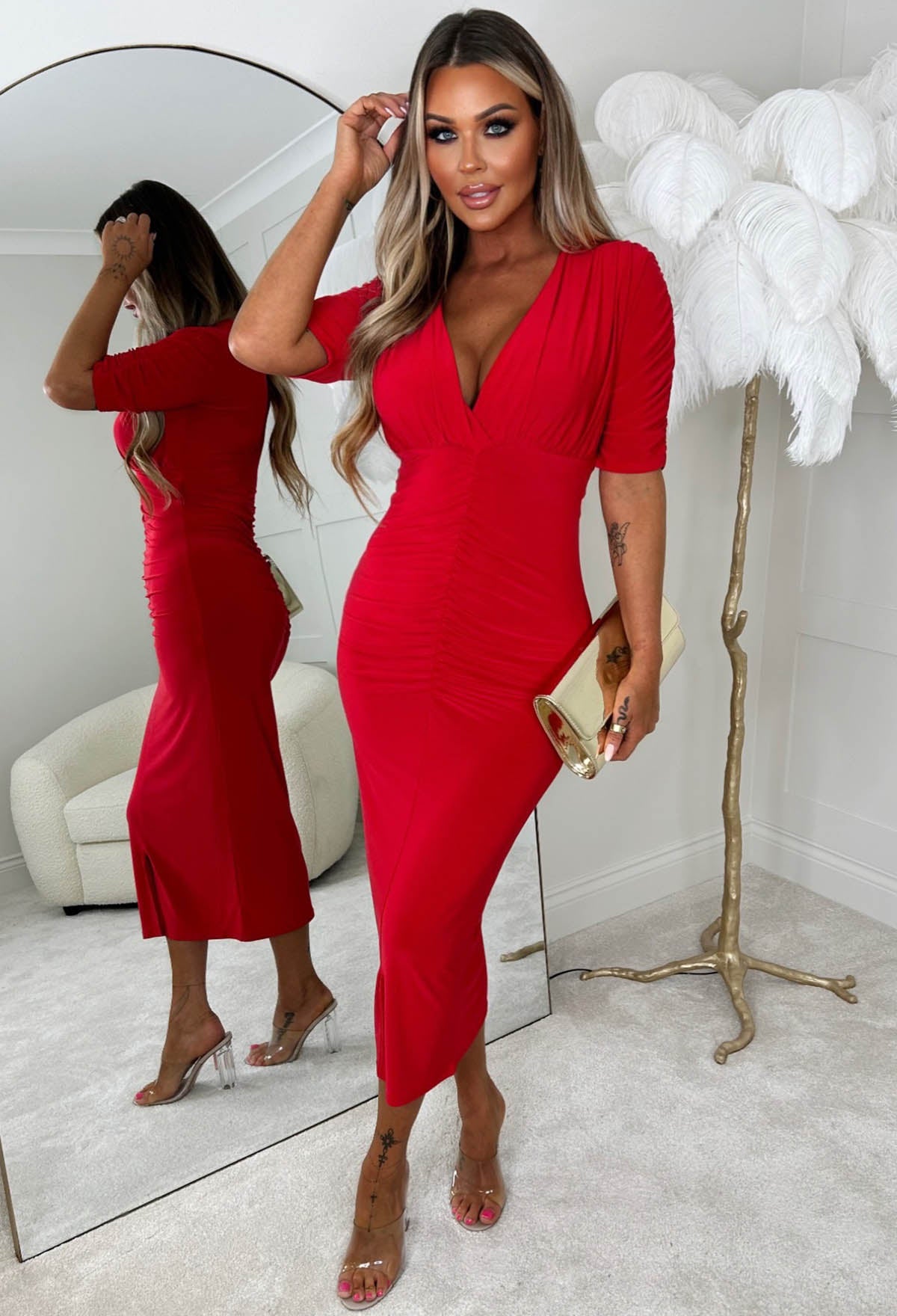 Love Me Always Red Soft Touch Ruched Stretch Midi Dress