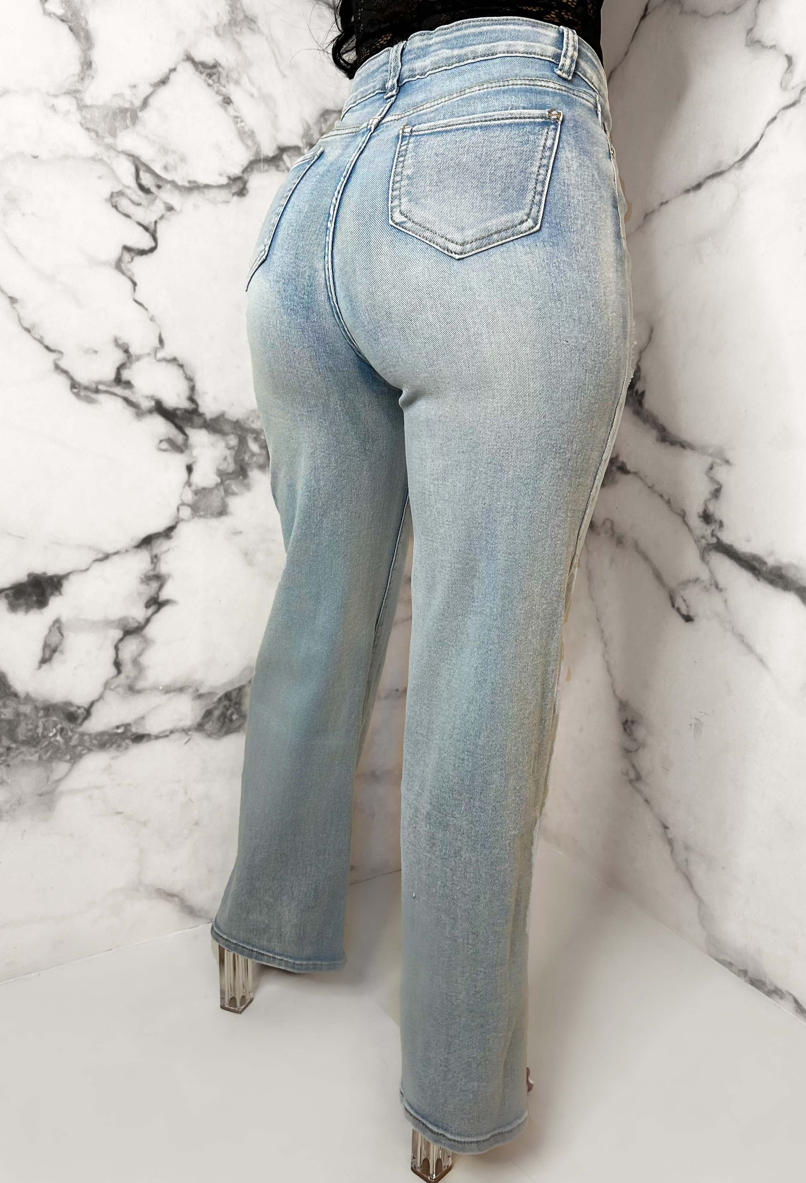 Denim Escape Light Blue Stretch Wide Leg Distressed Jeans