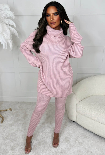 Roll Into Love Grey Ribbed Roll Neck Knitted Loungewear Co Ord Set