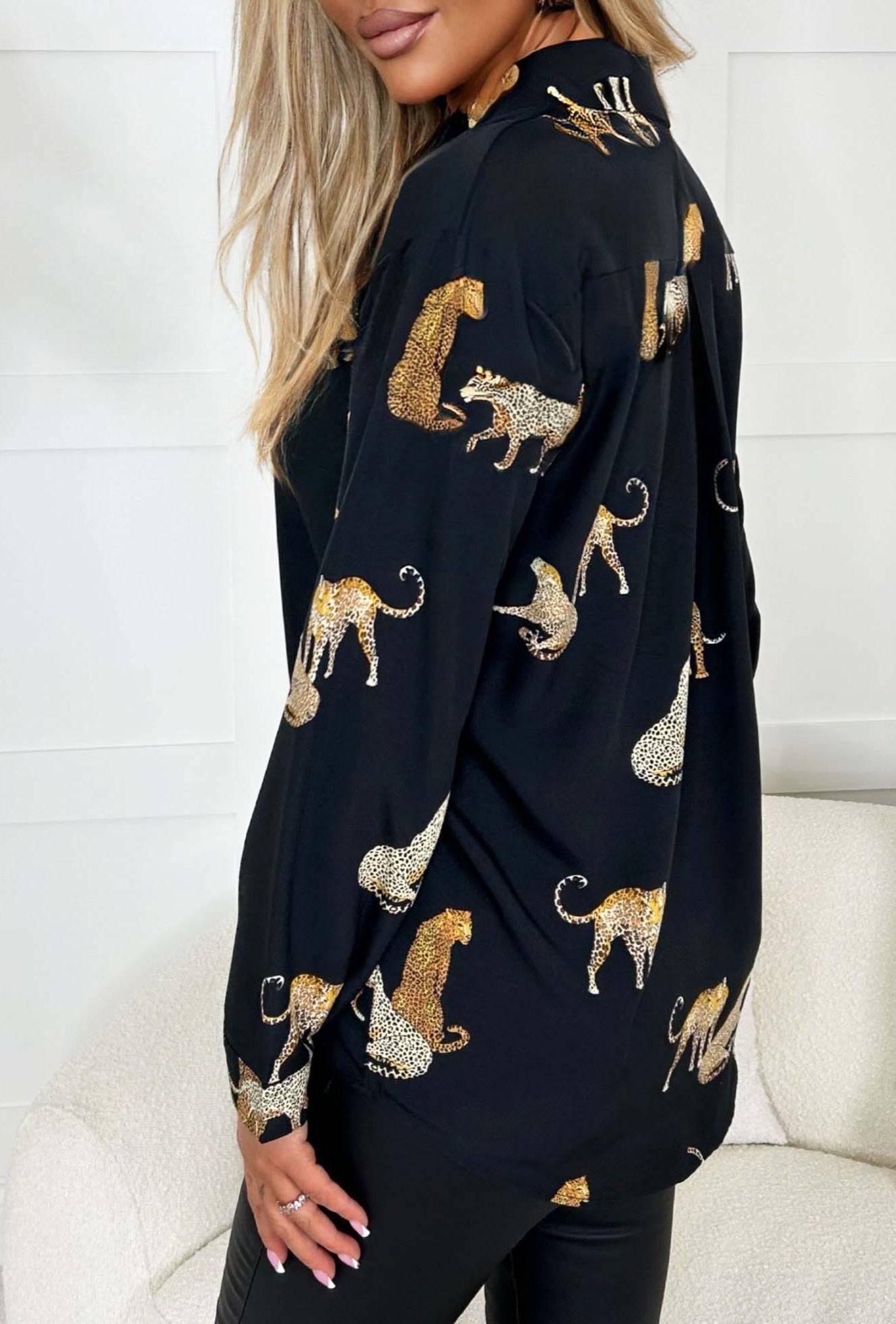 On Your Mind Black Leopard Print Gold Button Oversized Shirt