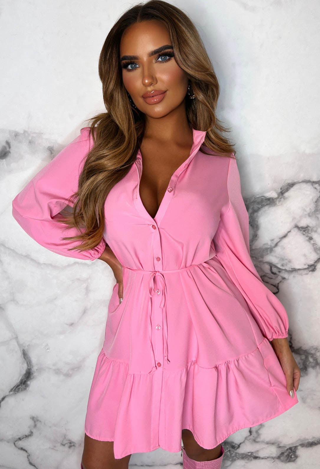 Girly Glam Pink Long Sleeve Frill Hem Shirt Dress