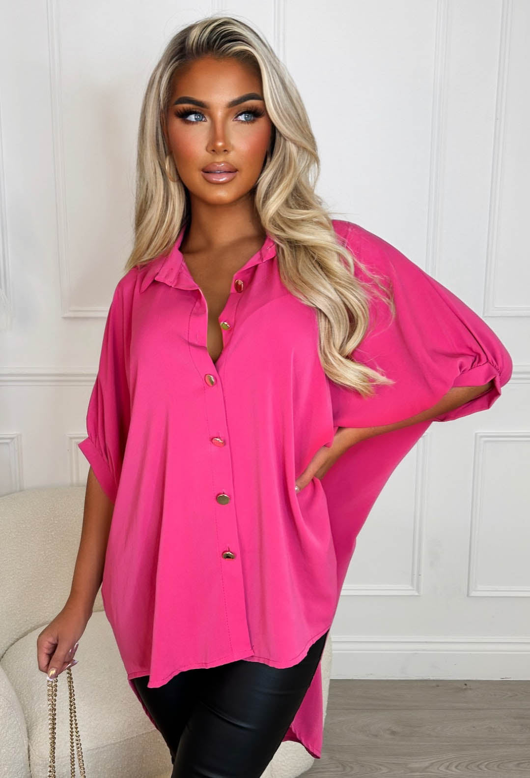 Big Decisions Berry Gold Button Dropped Hem Blouse