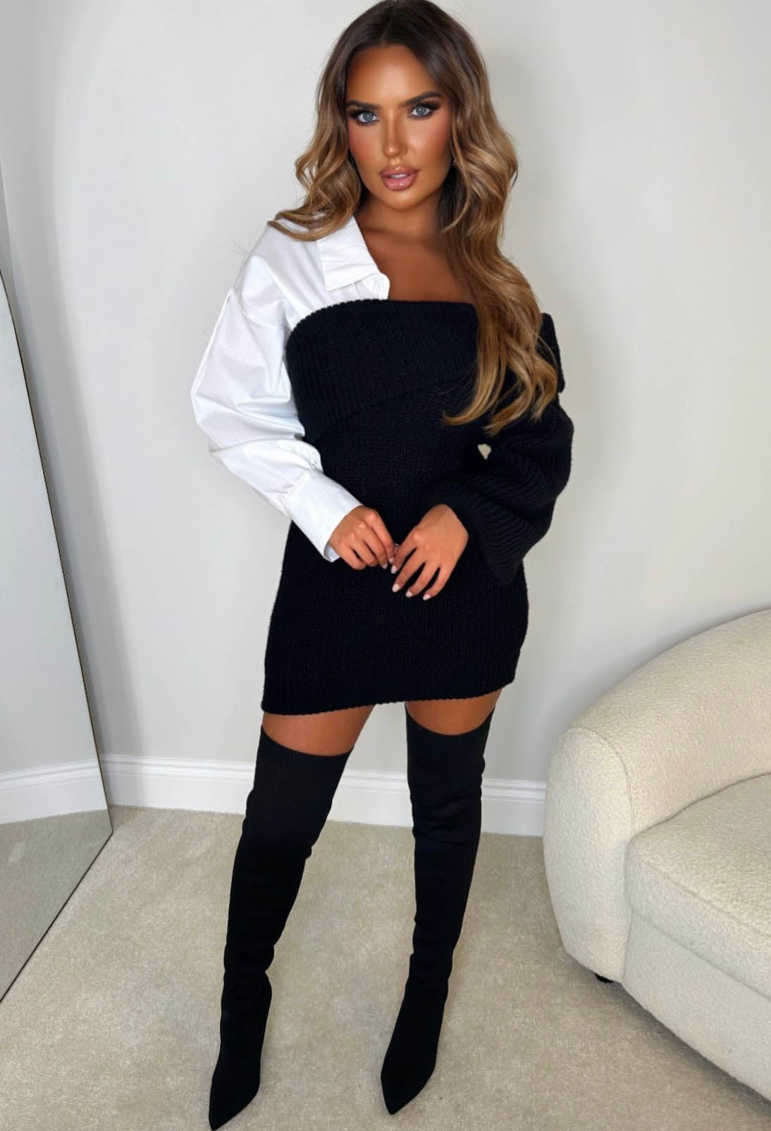 Cosy But Cute Black Shirt Sleeve Knitted Jumper Dress