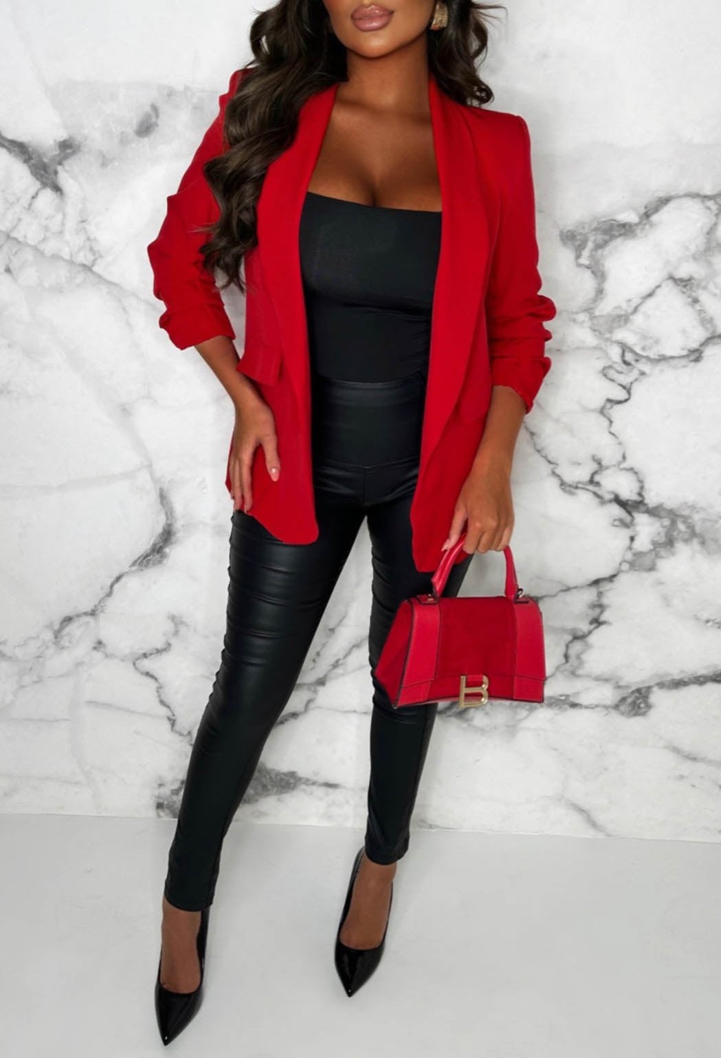 Always Iconic Red Shawl Ruched Sleeve Blazer