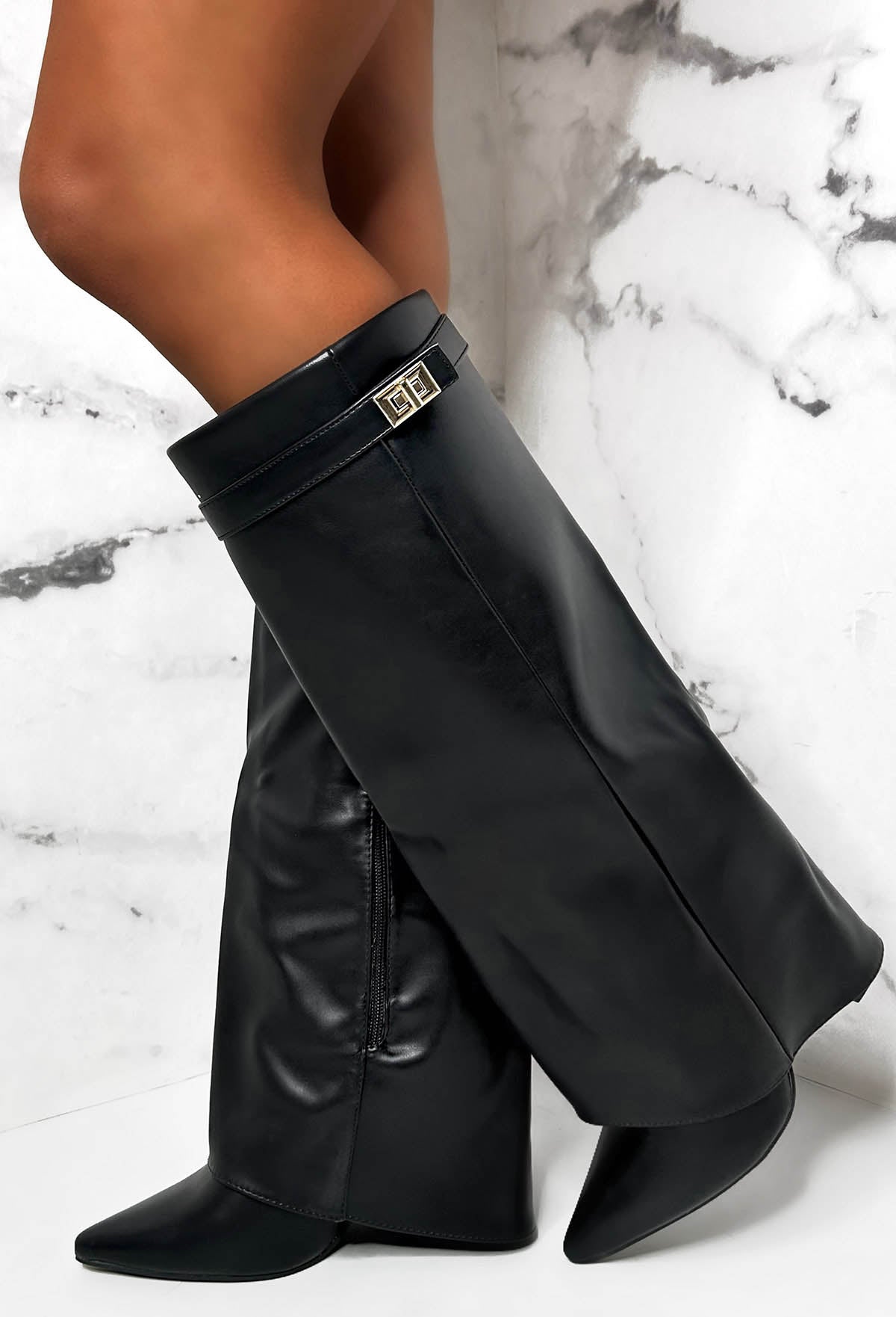 Keep A Secret Black Faux Leather Fold Over Knee High Boots