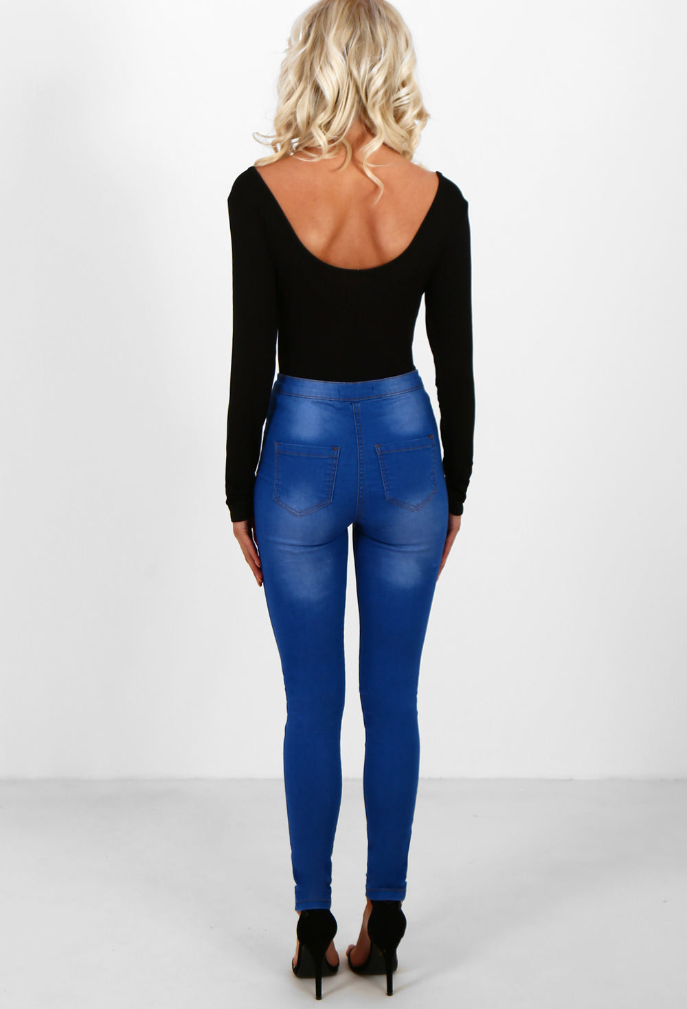 bright blue high waisted skinny jeans