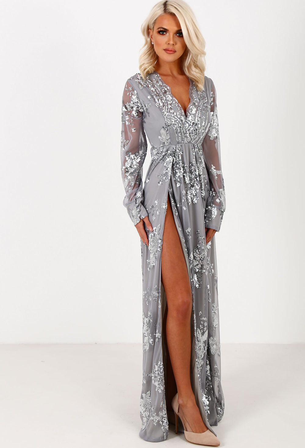 silver long sleeve maxi dress