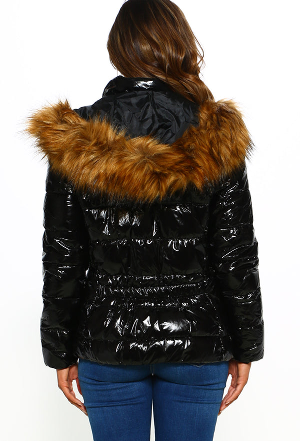 Are You Furreal Black Shiny Puffer Jacket – Pink Boutique UK