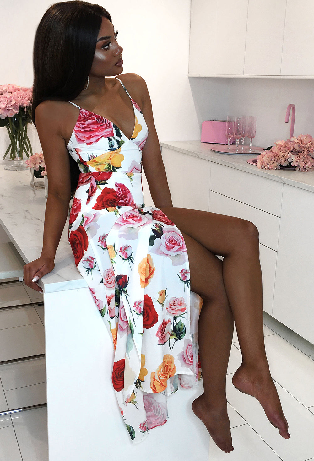 white rose print dress