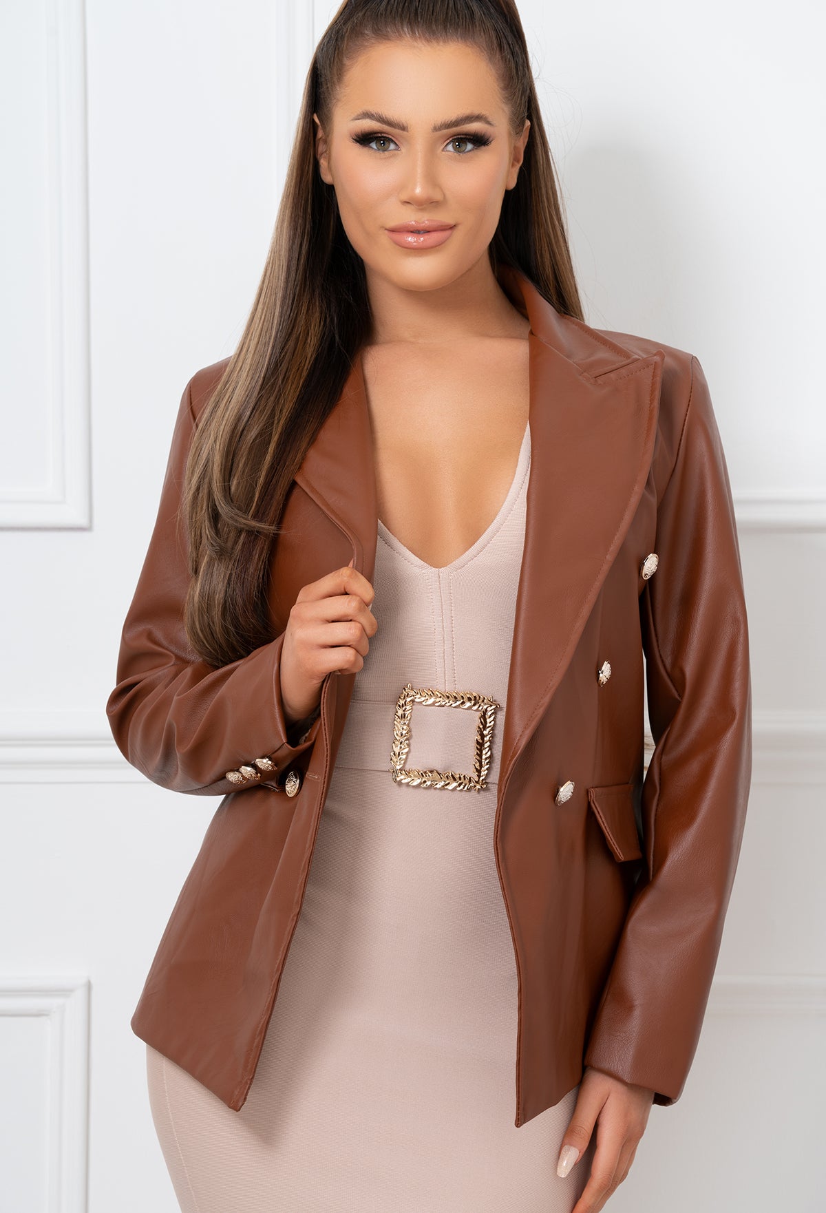 Boss Babe Chocolate Brown Button PU Blazer