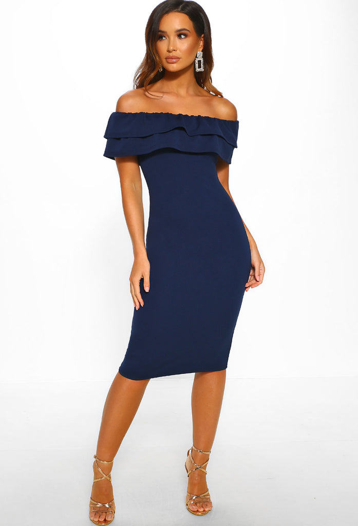 Break Up And Make Up Navy Bardot Double Ruffle Midi Dress – Pink ...