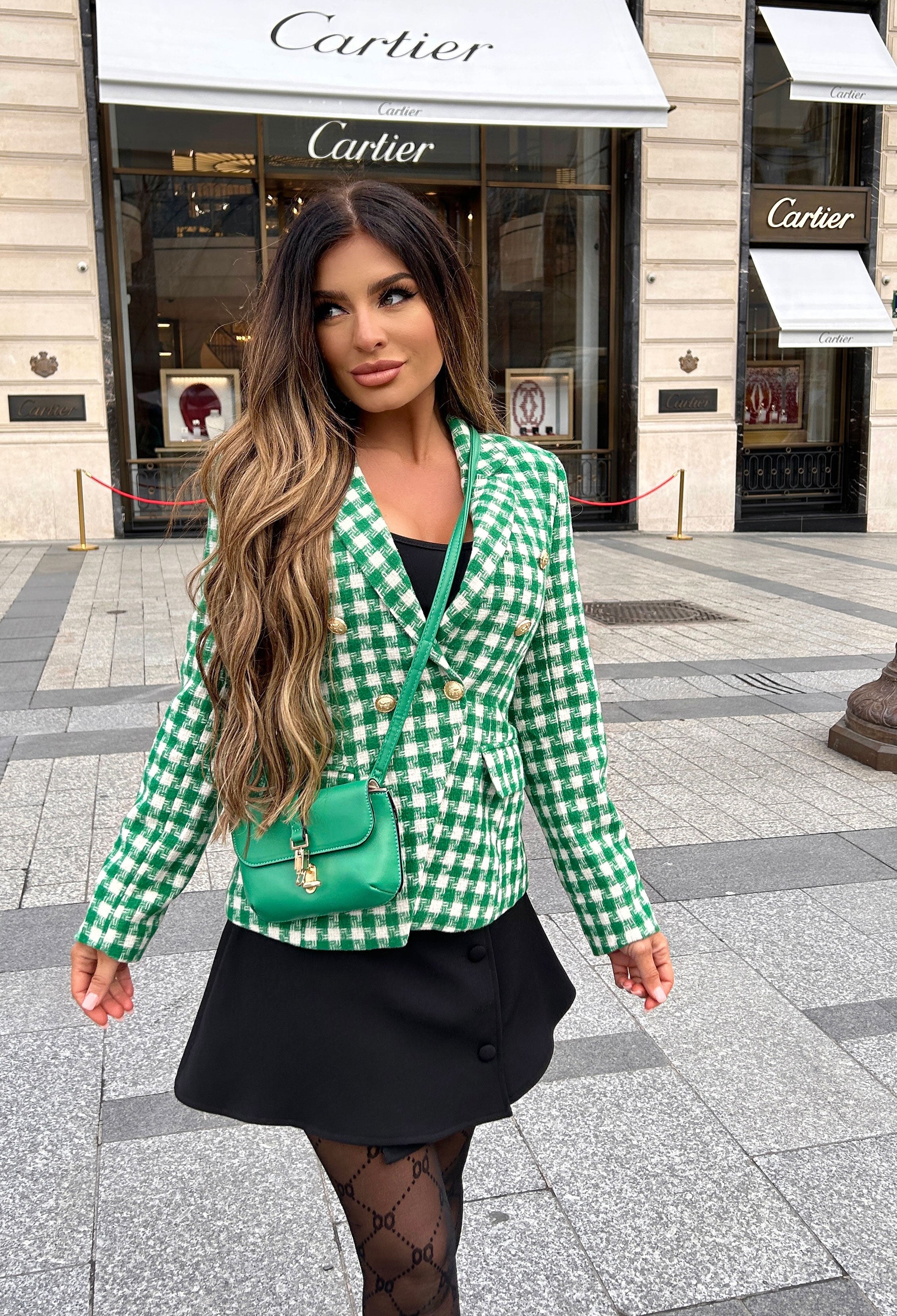 Checking You Out Green Gold Button Dogtooth Check Blazer