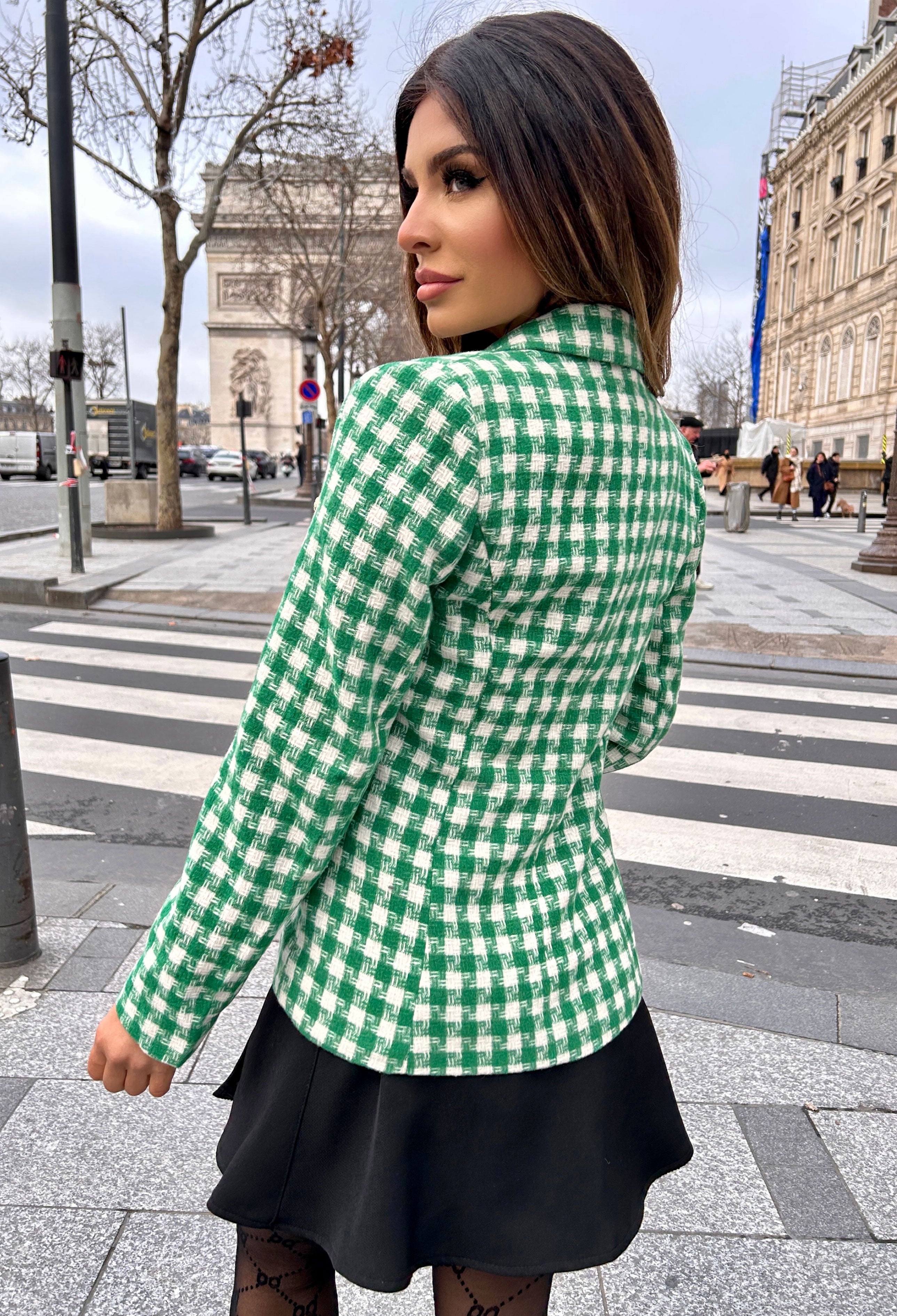 Checking You Out Green Gold Button Dogtooth Check Blazer