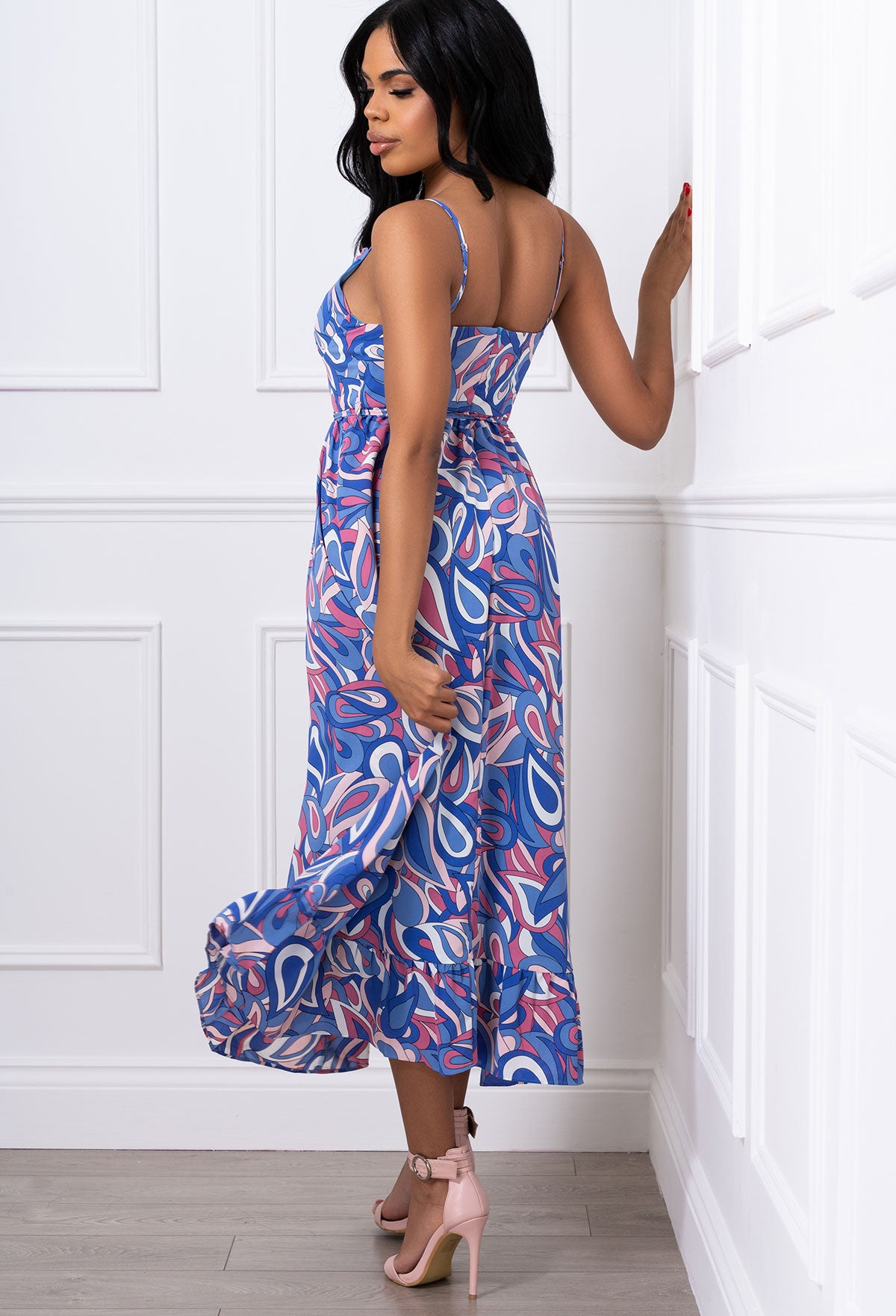 Catch Feels Blue Patterned Cami Tiered Hem Maxi Dress