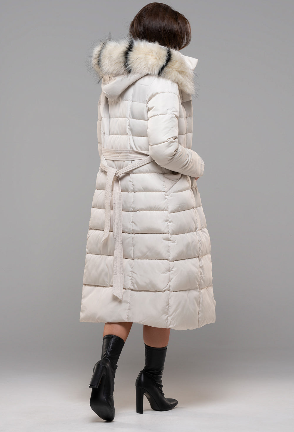 cream puffer jacket with fur hood