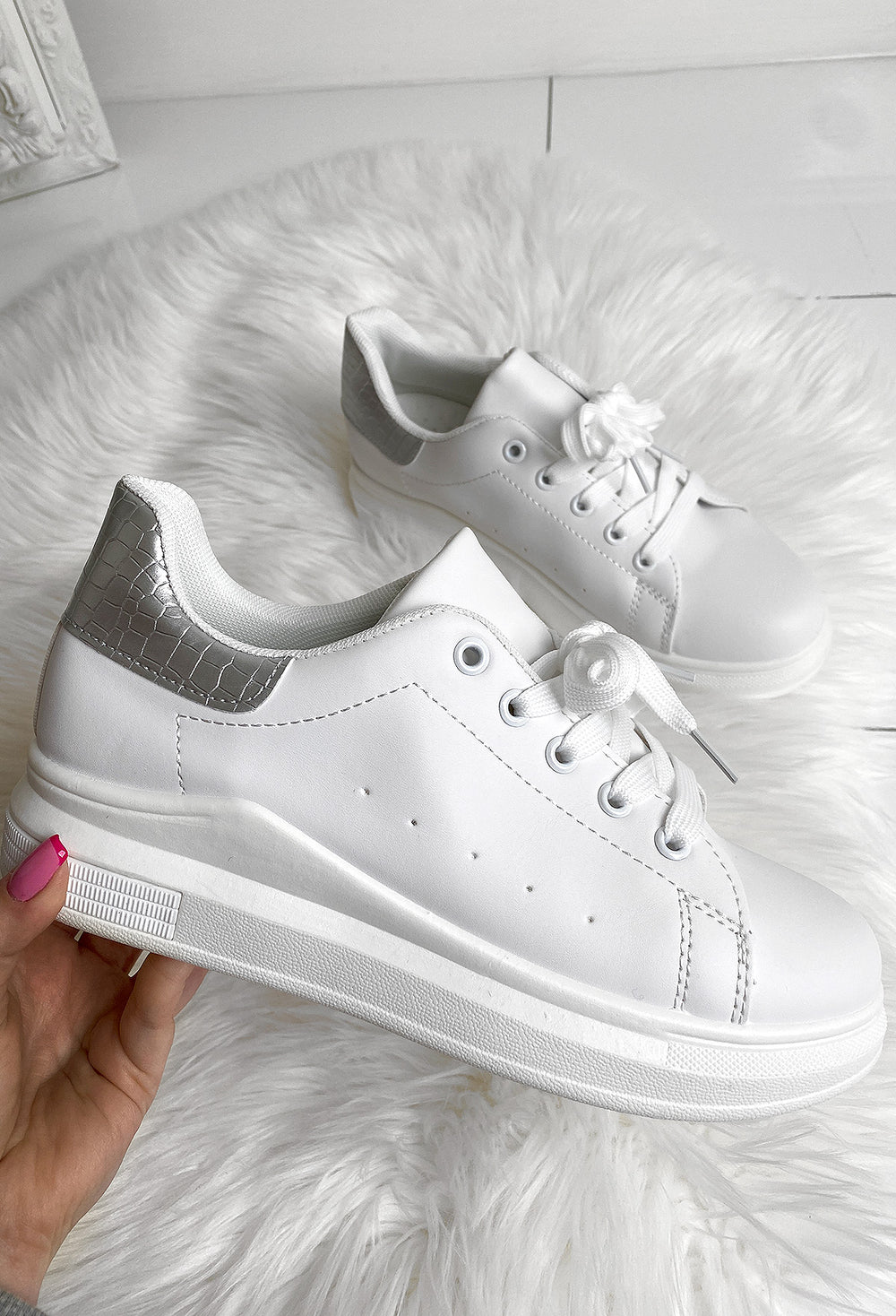 Contrast Silver \u0026 White Ankle Trainers 