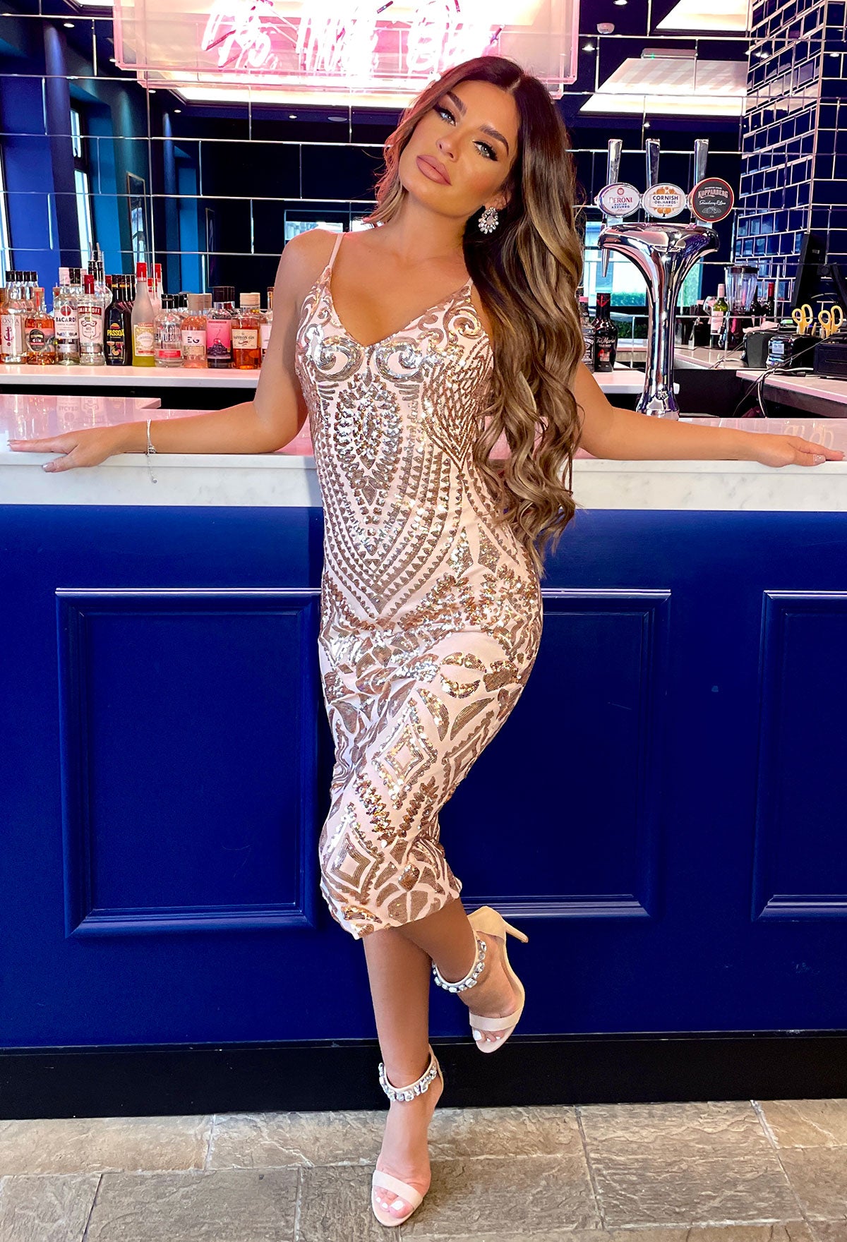 Dazzled Doll Rose Gold Sequin Cami Midi Dress