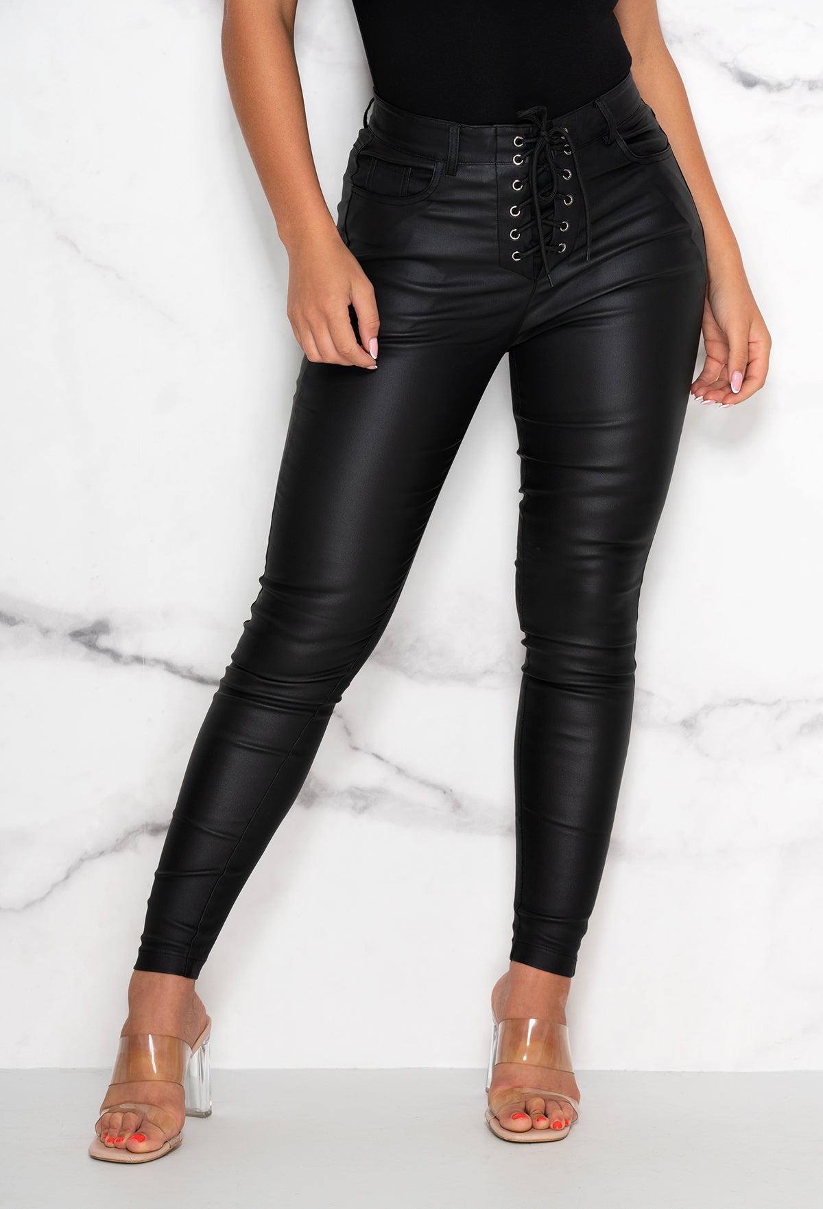 Don't Look Away Black Lace Up Faux Leather Coated Legging