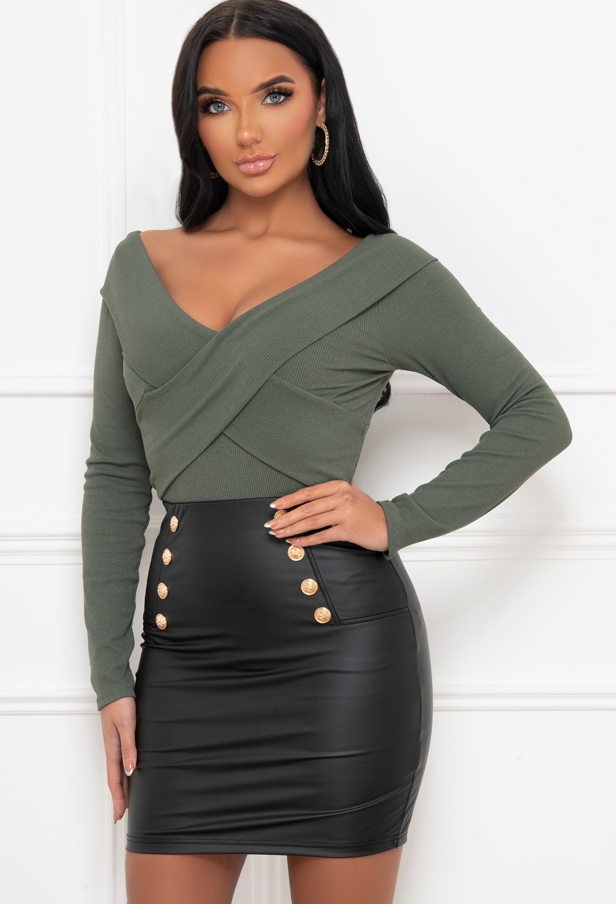 Double Dare Khaki Ribbed Off Shoulder Top