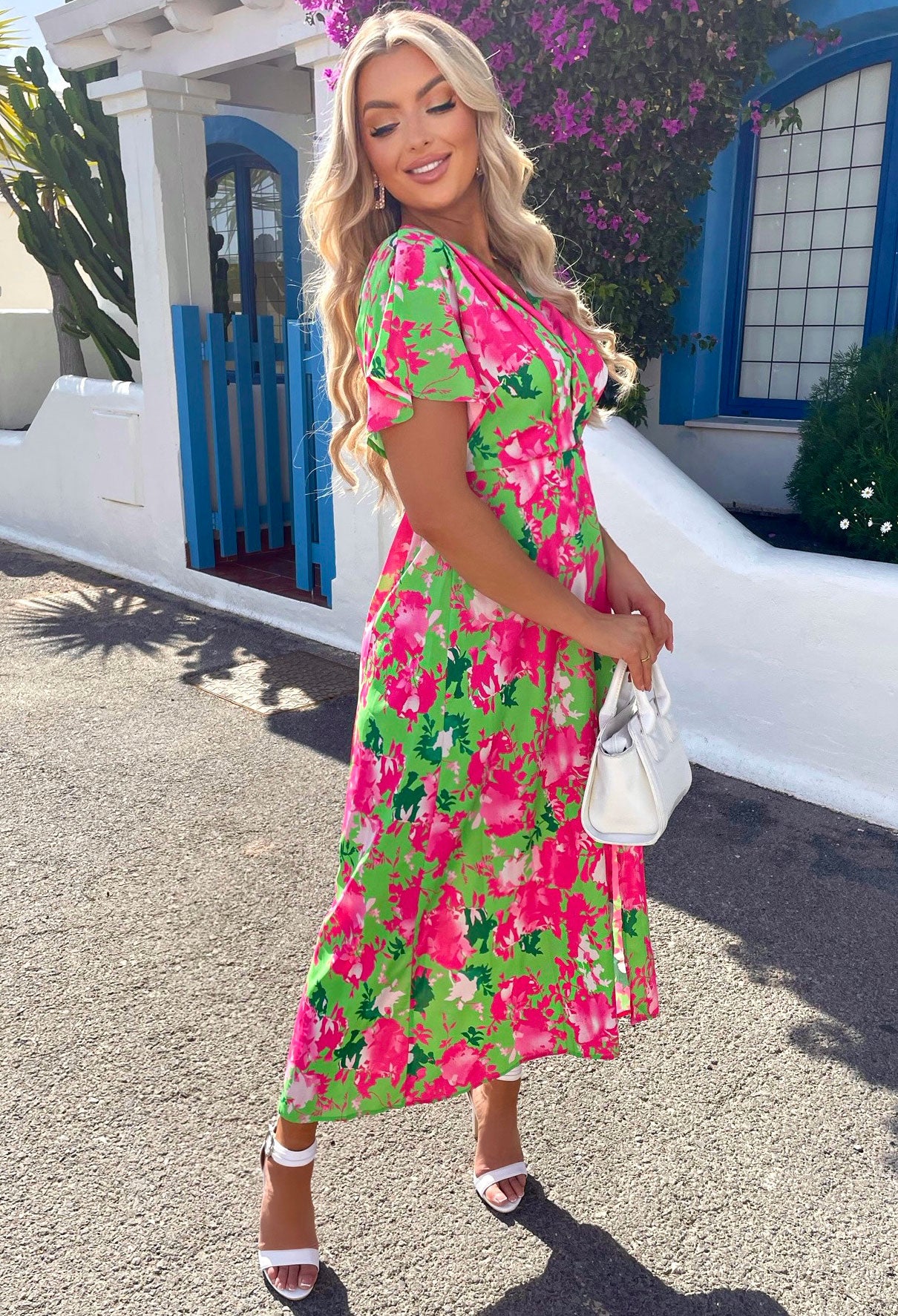 Floral Fever Green Floral Wrap Top Leg Split Midi Dress