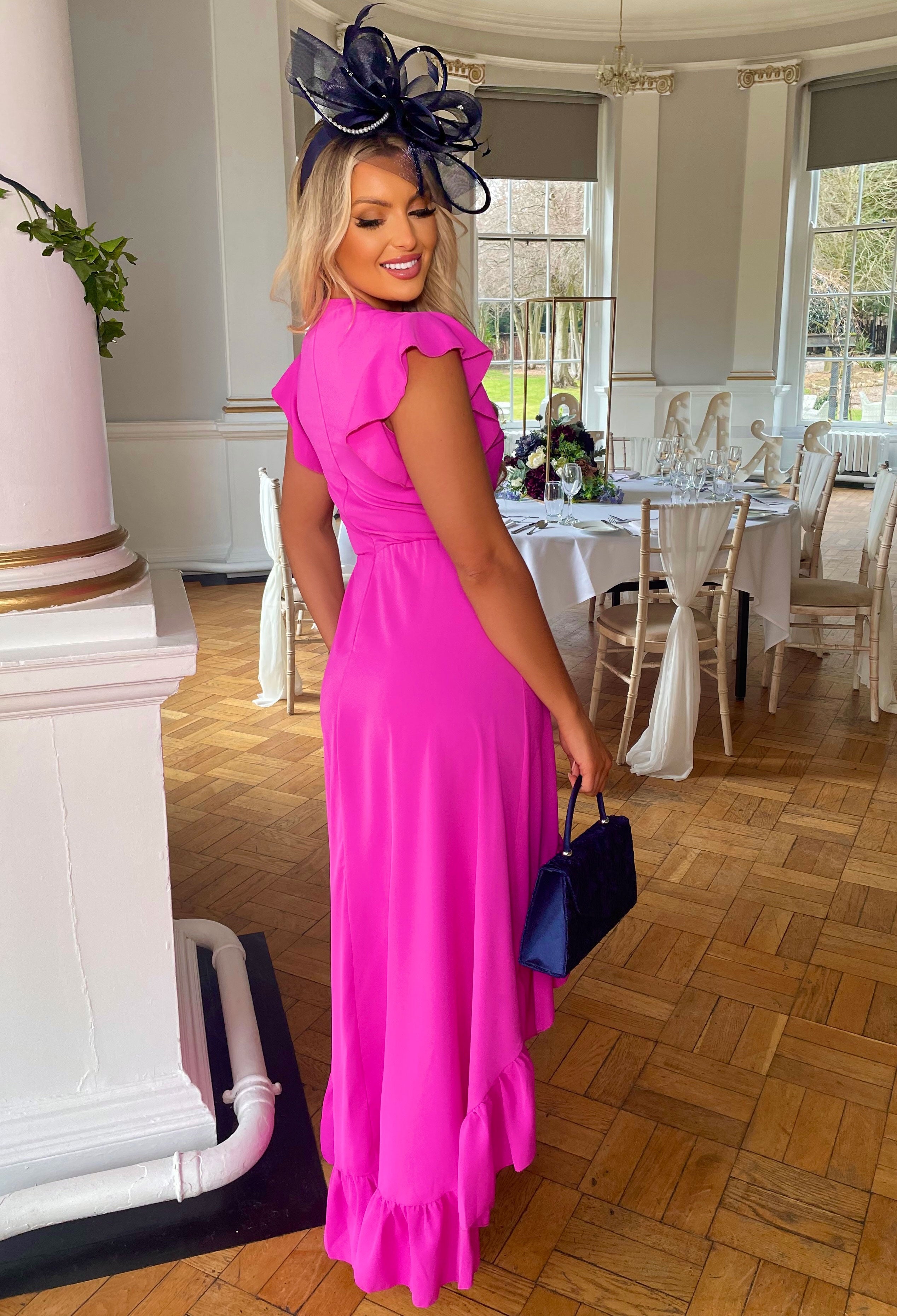 Frilled With You Pink Wrap Top Frilled Dip Hem Maxi Dress