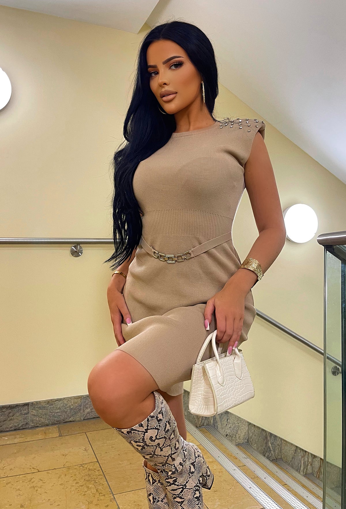 Fashion In The City Beige Diamante Belted Knitted Dress