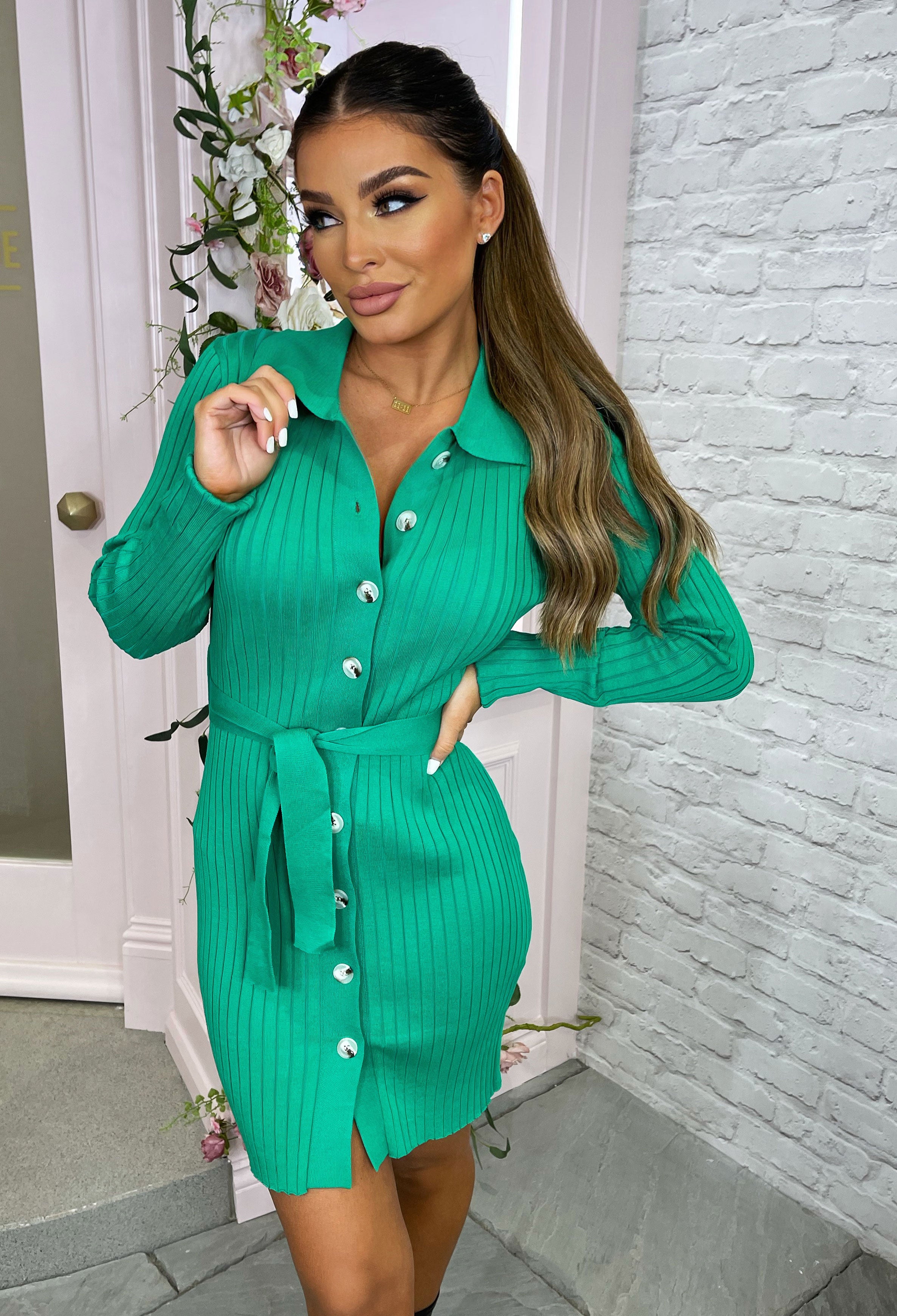 Glam Cutie Green Knitted Button Up Tie Dress