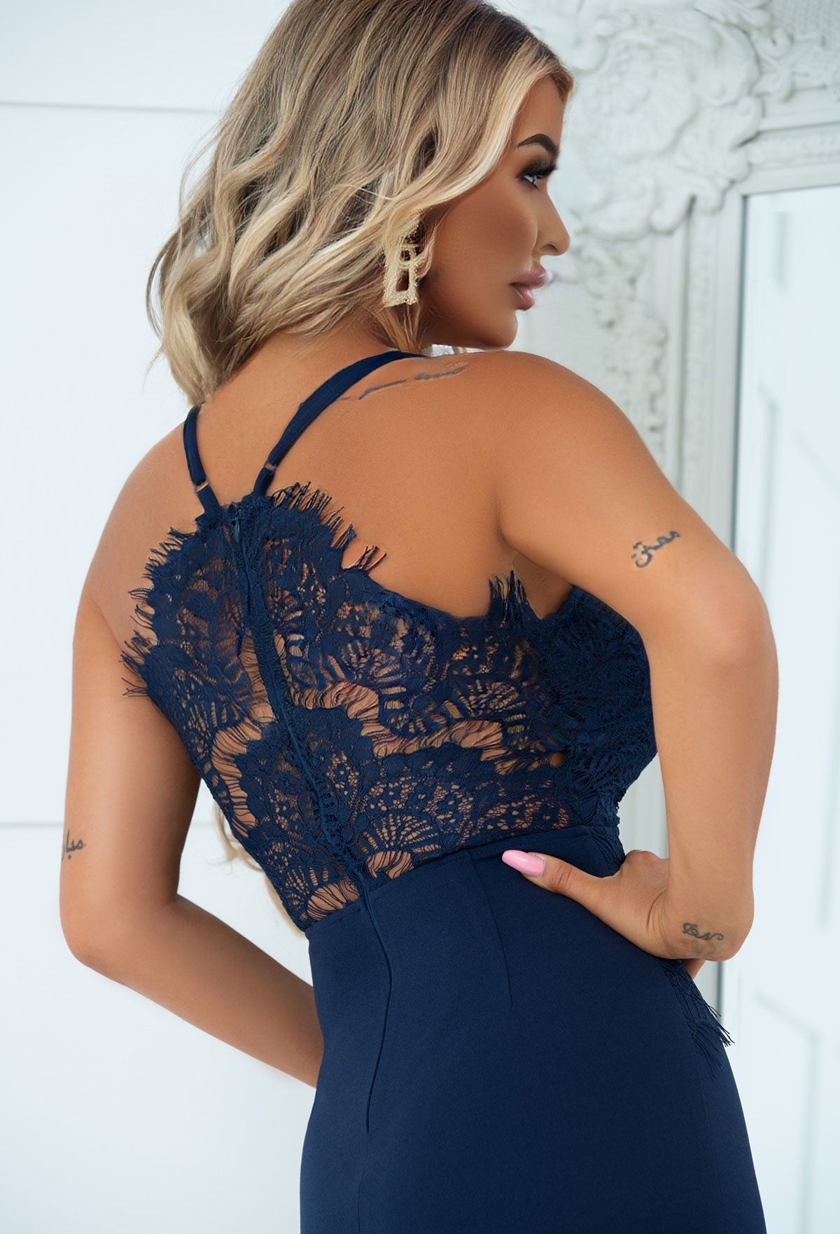 Glam Squad Navy Lace Fishtail Maxi Dress