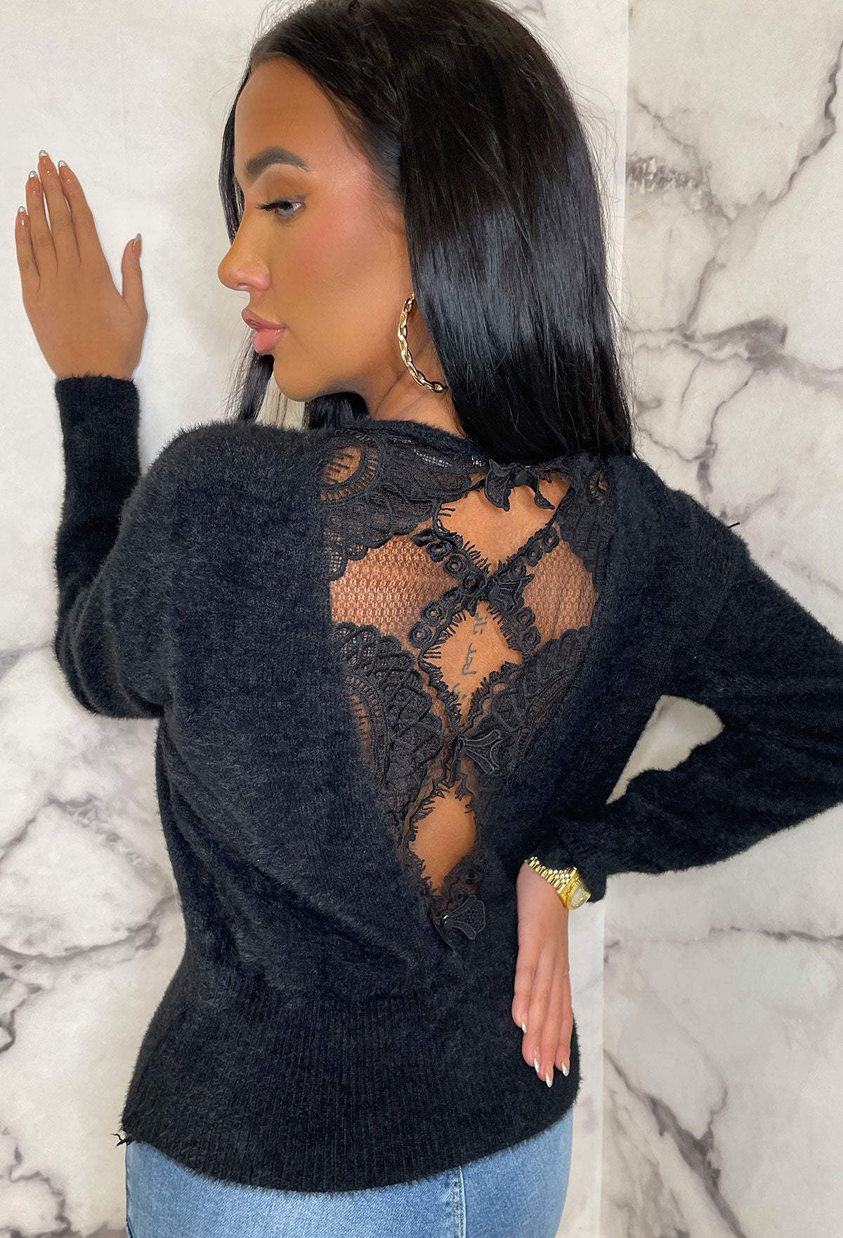 Gracefully Glam Black Lace Back V Neck Knitted Jumper