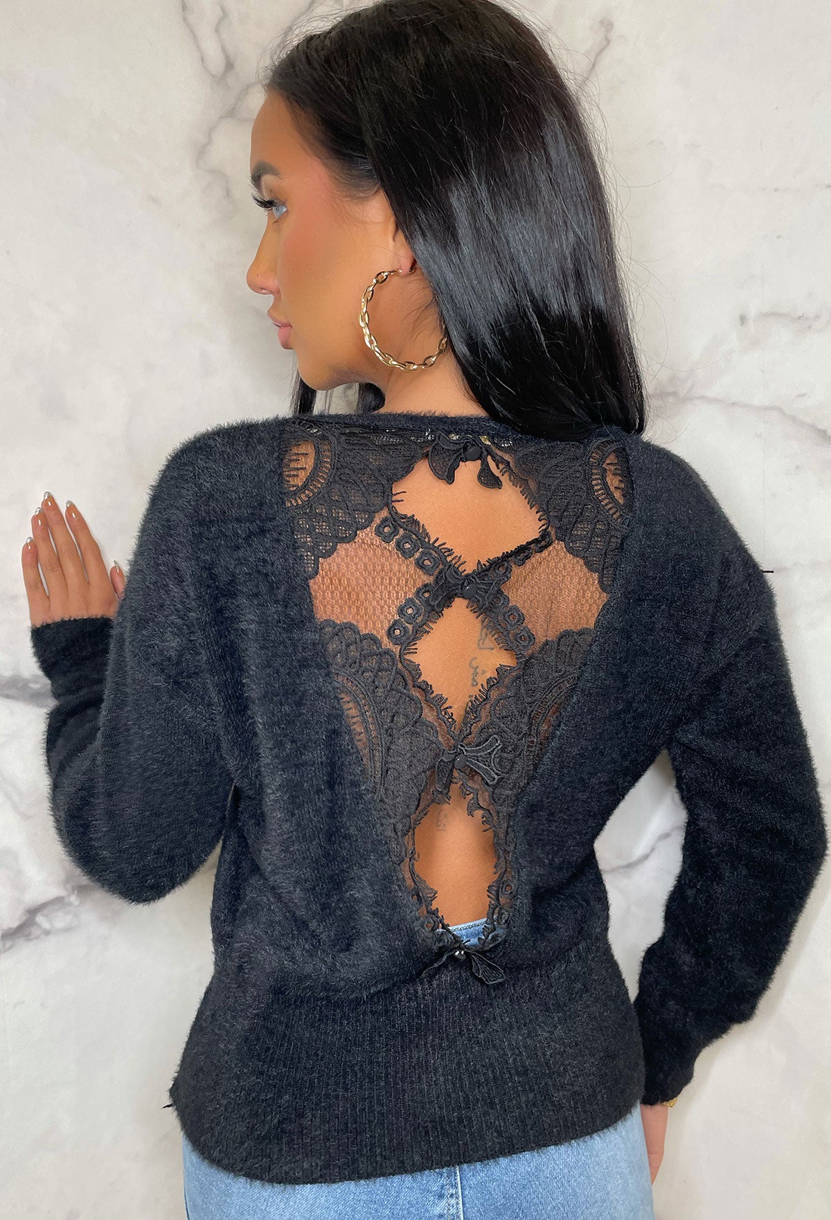 Gracefully Glam Black Lace Back V Neck Knitted Jumper