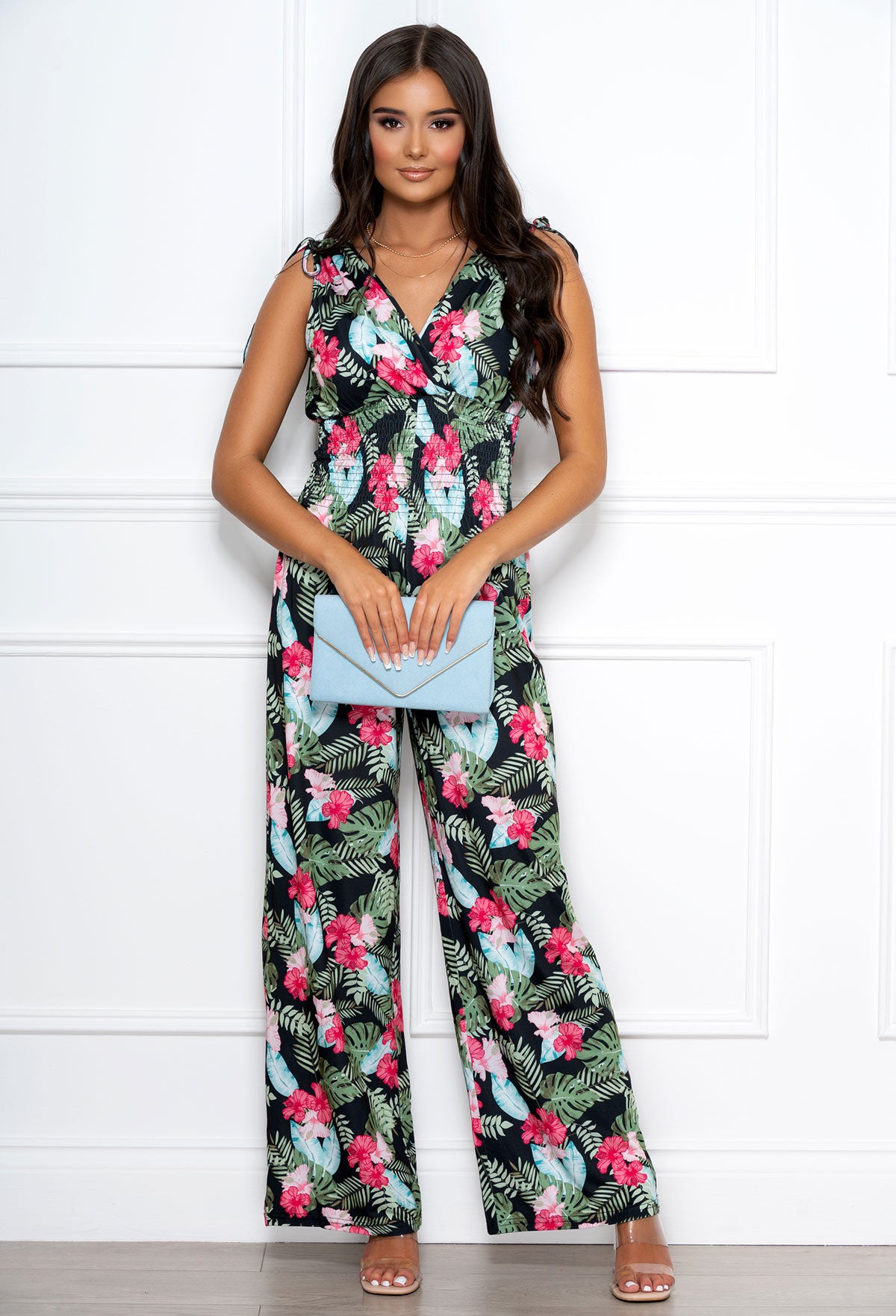 Italy Glow Multi Shirred Waist Tropical Jumpsuit