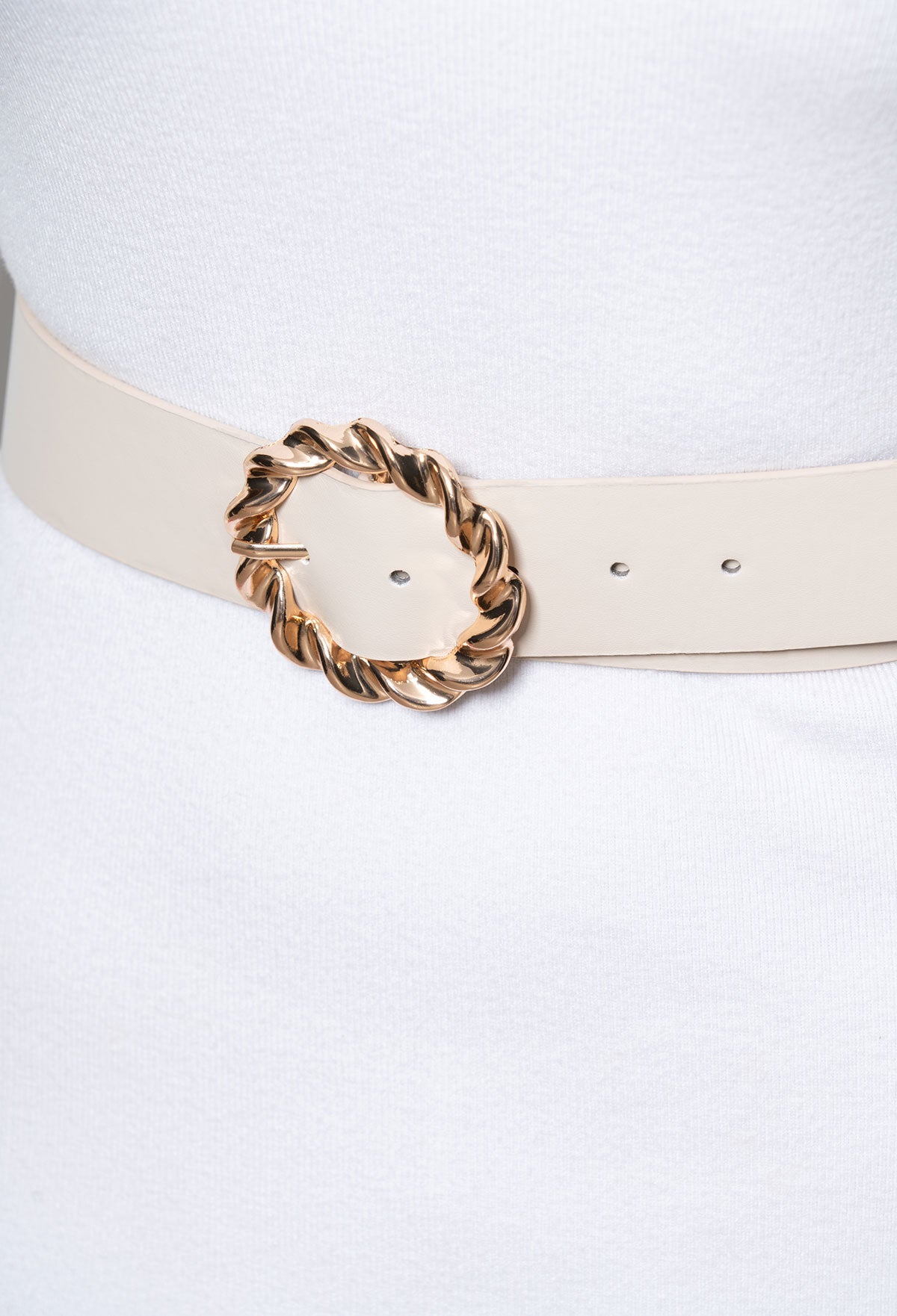 Keep Them Guessing Beige Gold Buckle Belt