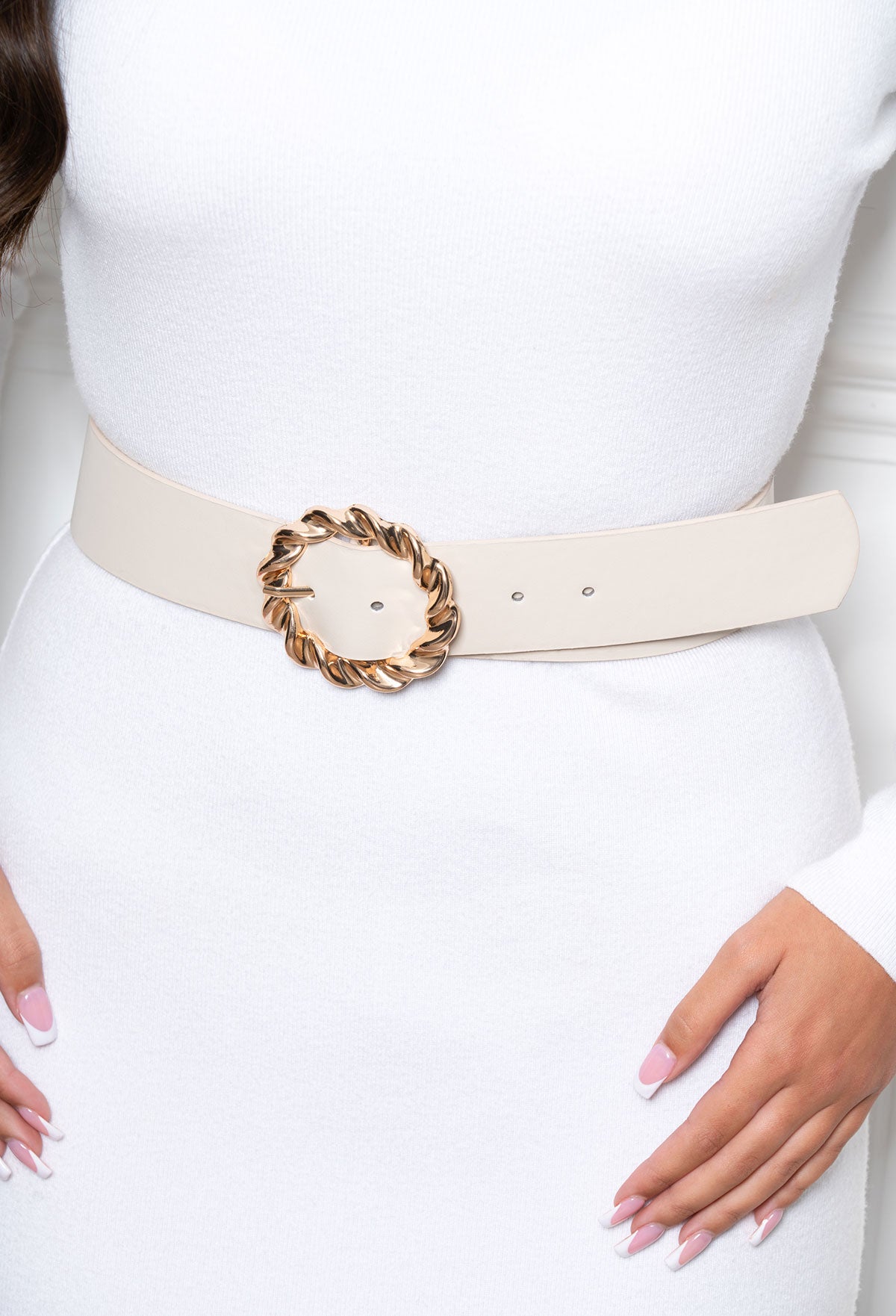 Keep Them Guessing Beige Gold Buckle Belt