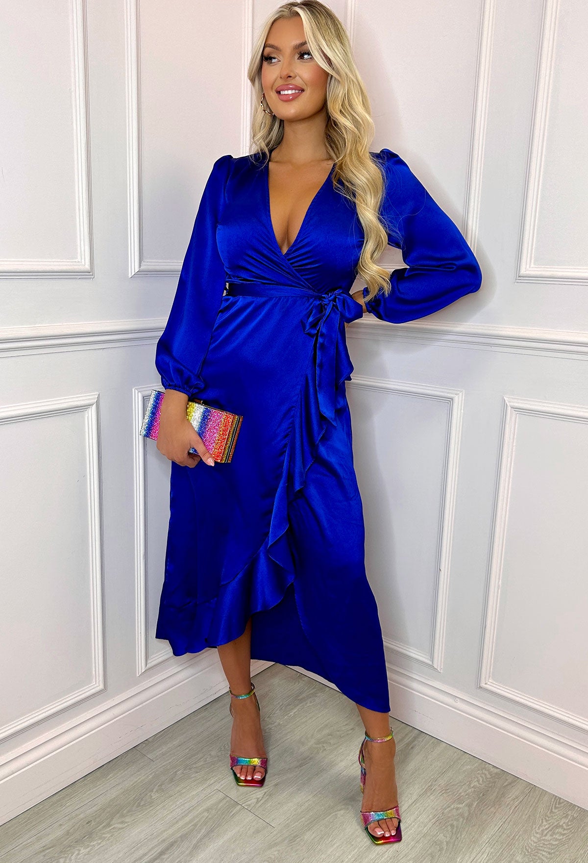 Luxury Look Cobalt Satin Wrap Ruffle Dress