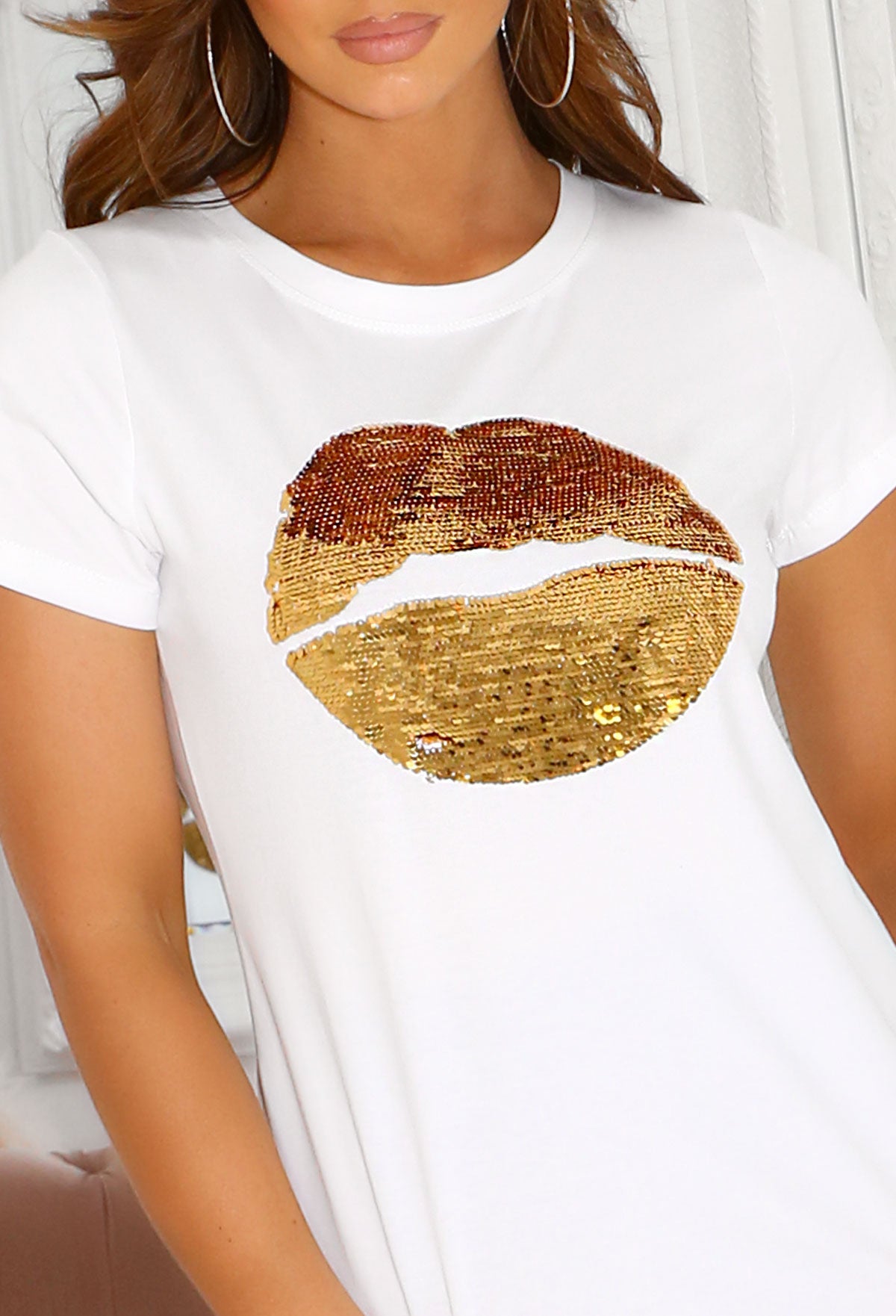 Missi White Sequin Lips T-Shirt