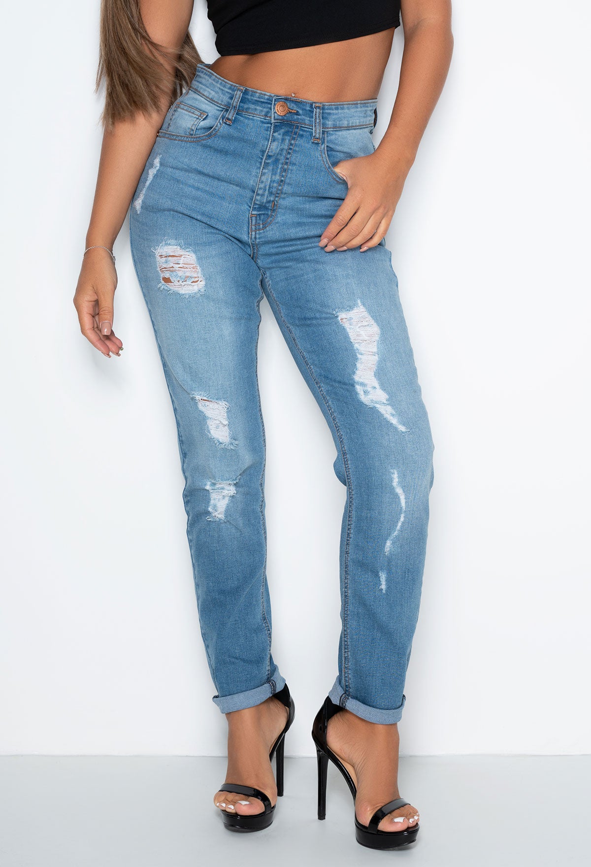 Montana Mid Blue Distressed Slim Mom Jean