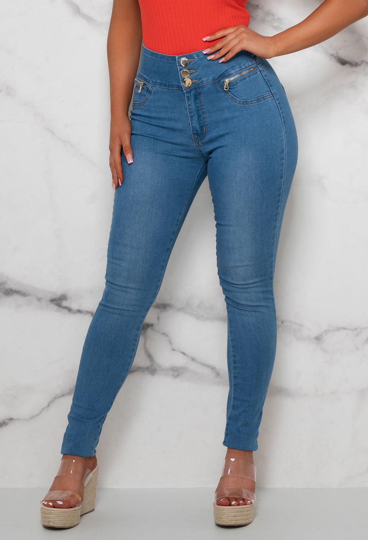 Must Be Love Light Blue Button High Waist Skinny Jeans