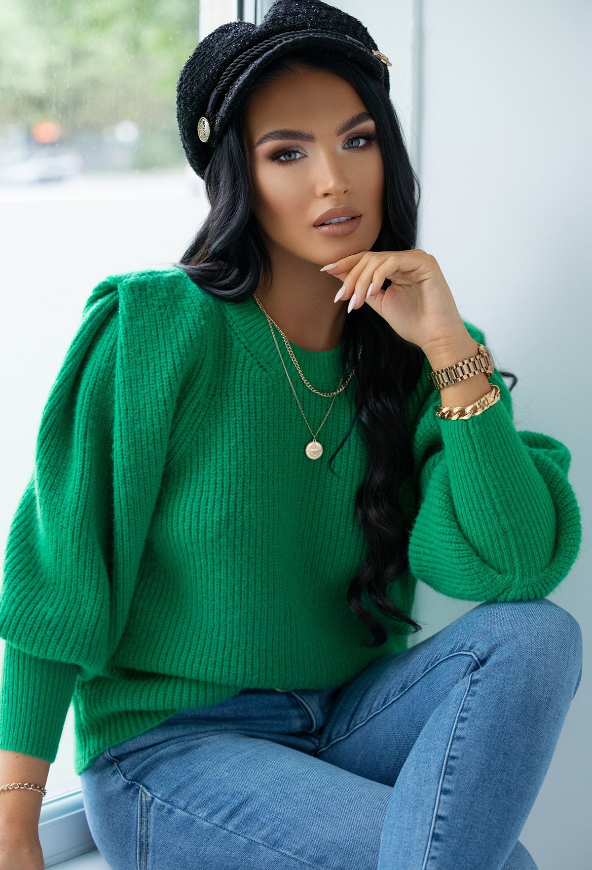 My Fantasy Green Puff Shoulder Knitted Jumper