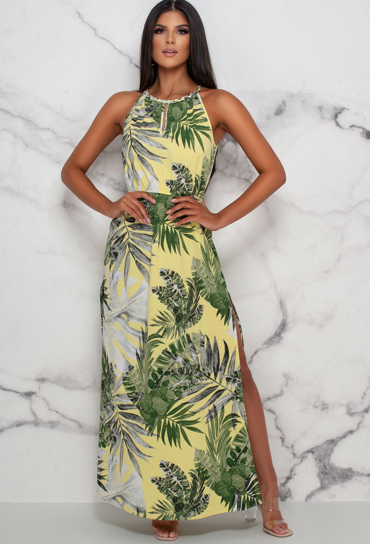 Palm Princess Yellow Palm Print Maxi Dress