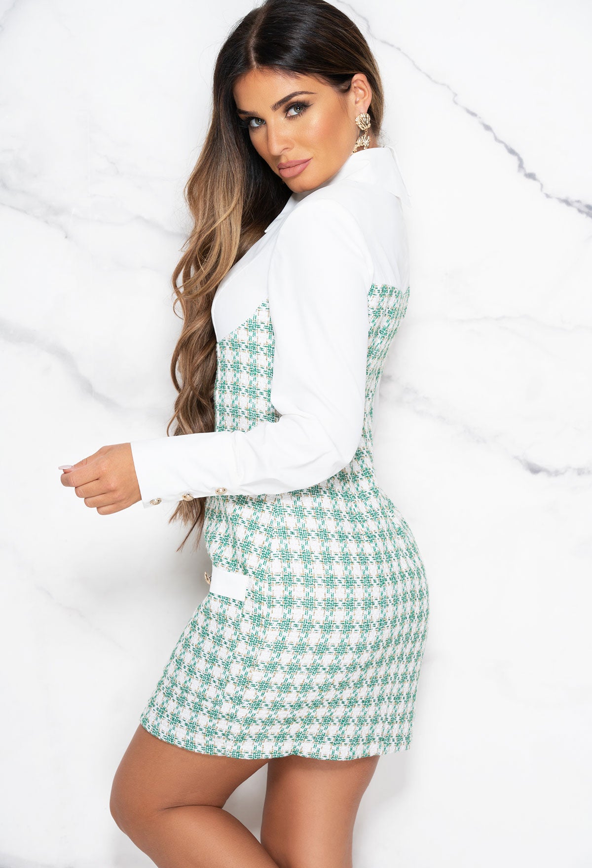 Paris Princess Green Tweed 2-In-1 Long Sleeve Mini Dress