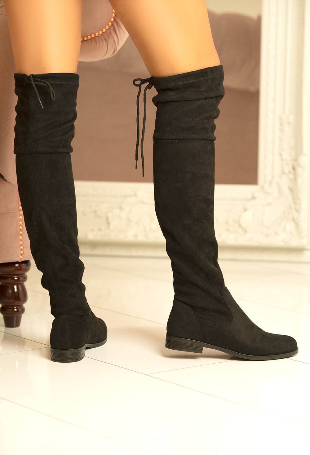 flat black knee high boots uk