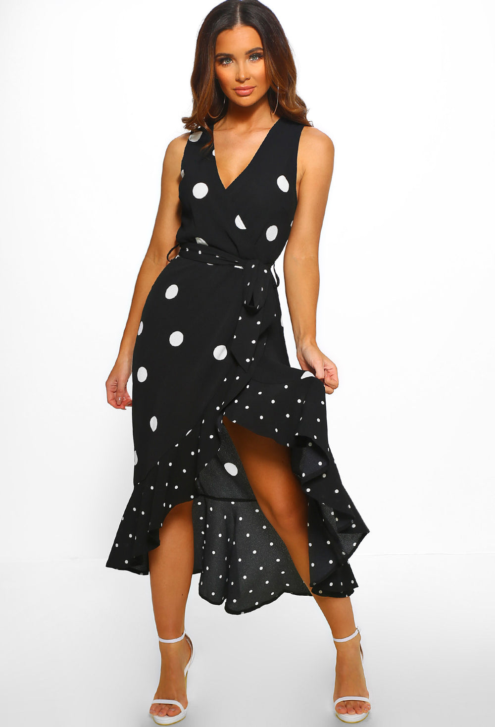 Summer Wedding Monochrome Polka Dot Frill Wrap Maxi Dress – Pink